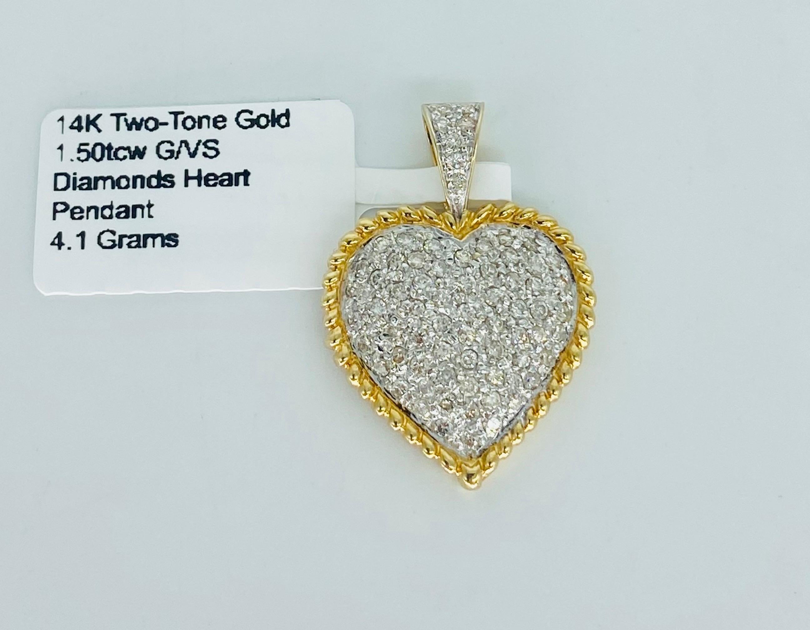 Round Cut Vintage Two-Tone 1.50tcw Diamonds Heart Shape Pendant 14k Gold For Sale