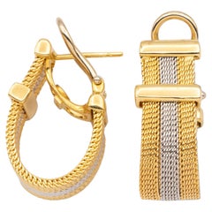 Vintage Two Tone 18 K Gold Mesh Half-Hoop Earrings, Circa 1990