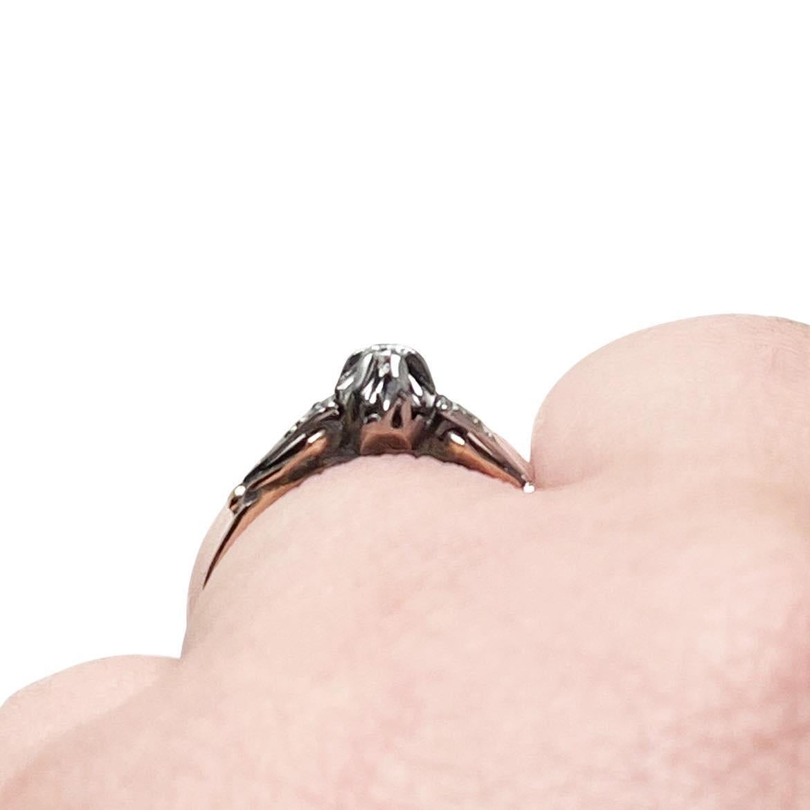Women's or Men's Vintage Two Tone 18K Belcher Style Diamond Solitaire Engagement Ring