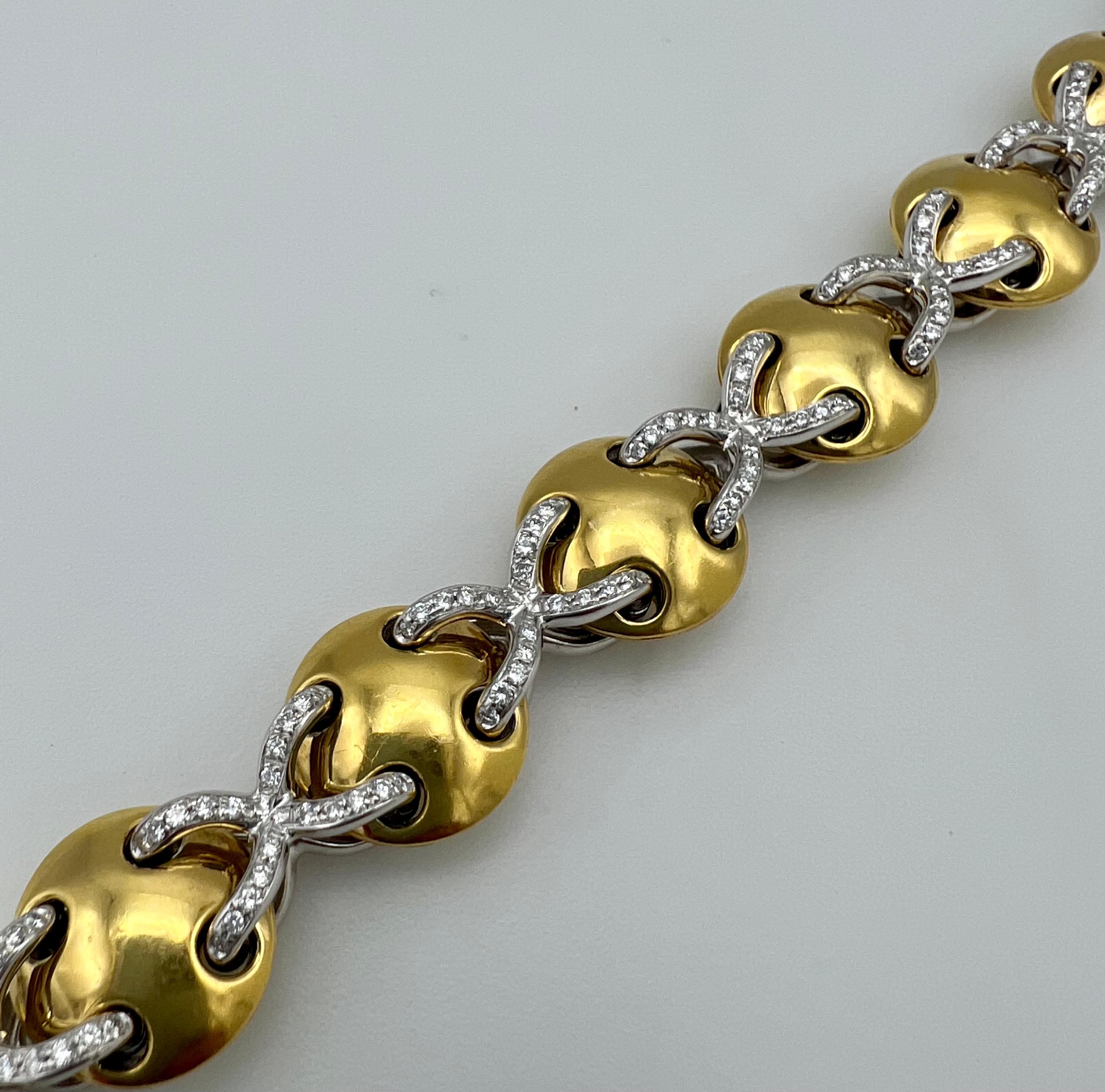 Vintage Two Tone and Dimond Fancy Link Bracelet In Excellent Condition In Beverly Hills, CA