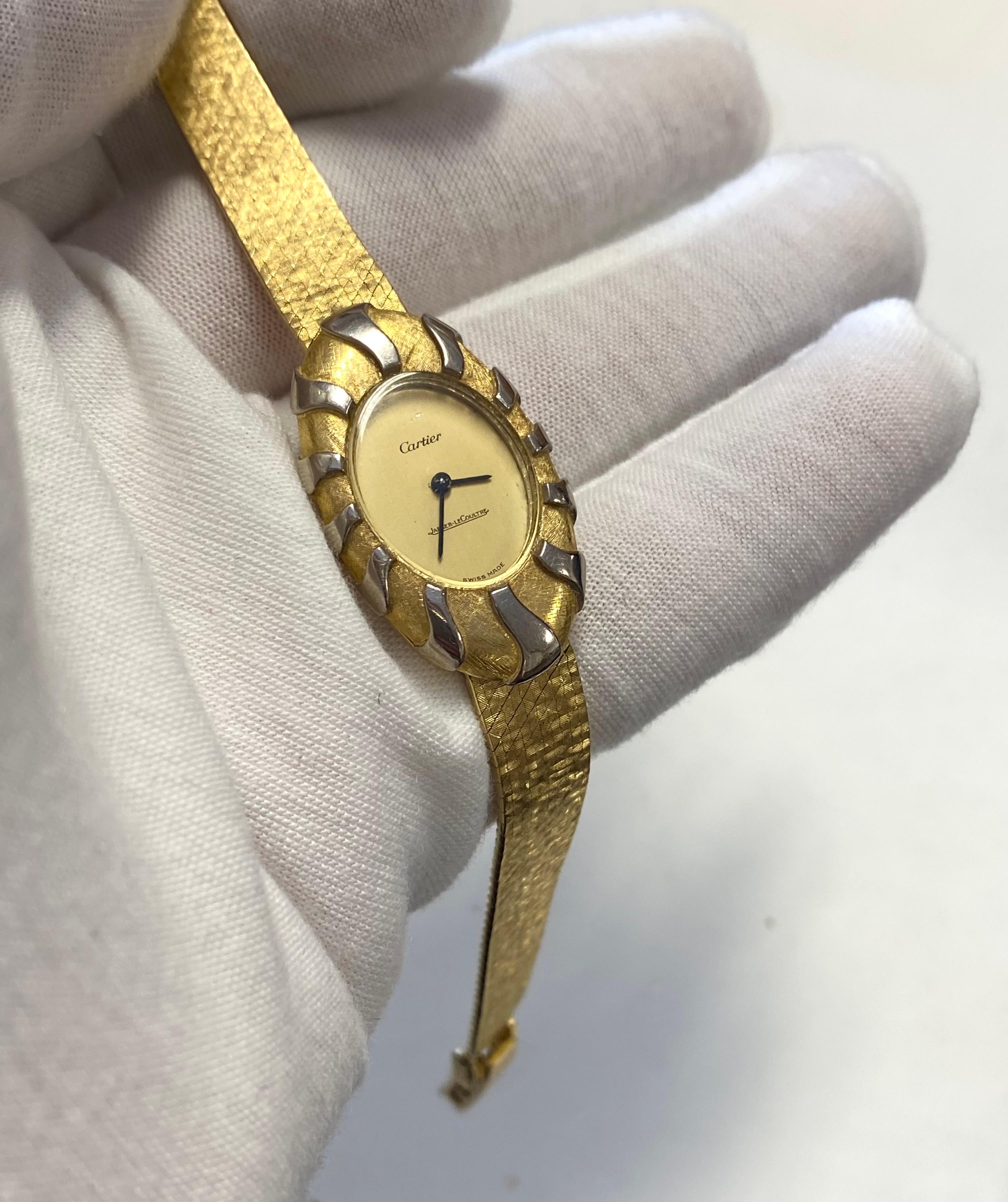Vintage Two-Tone Cartier and Jaeger LeCoultre Watch in 18k Solid Yellow Gold In Good Condition In Miami, FL