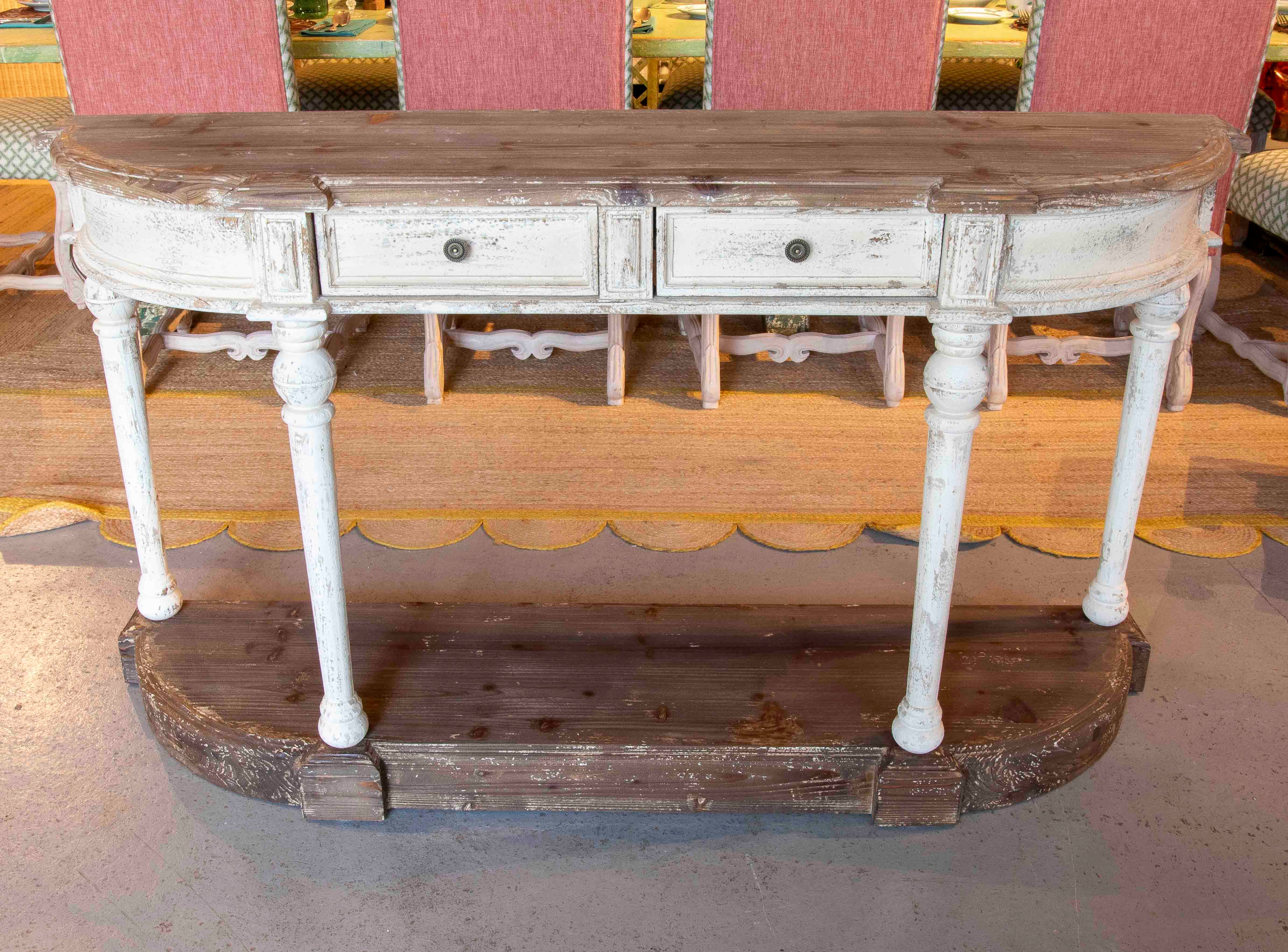 Vintage Two-tone Console Table with Drawers and Curved Wooden Base For Sale