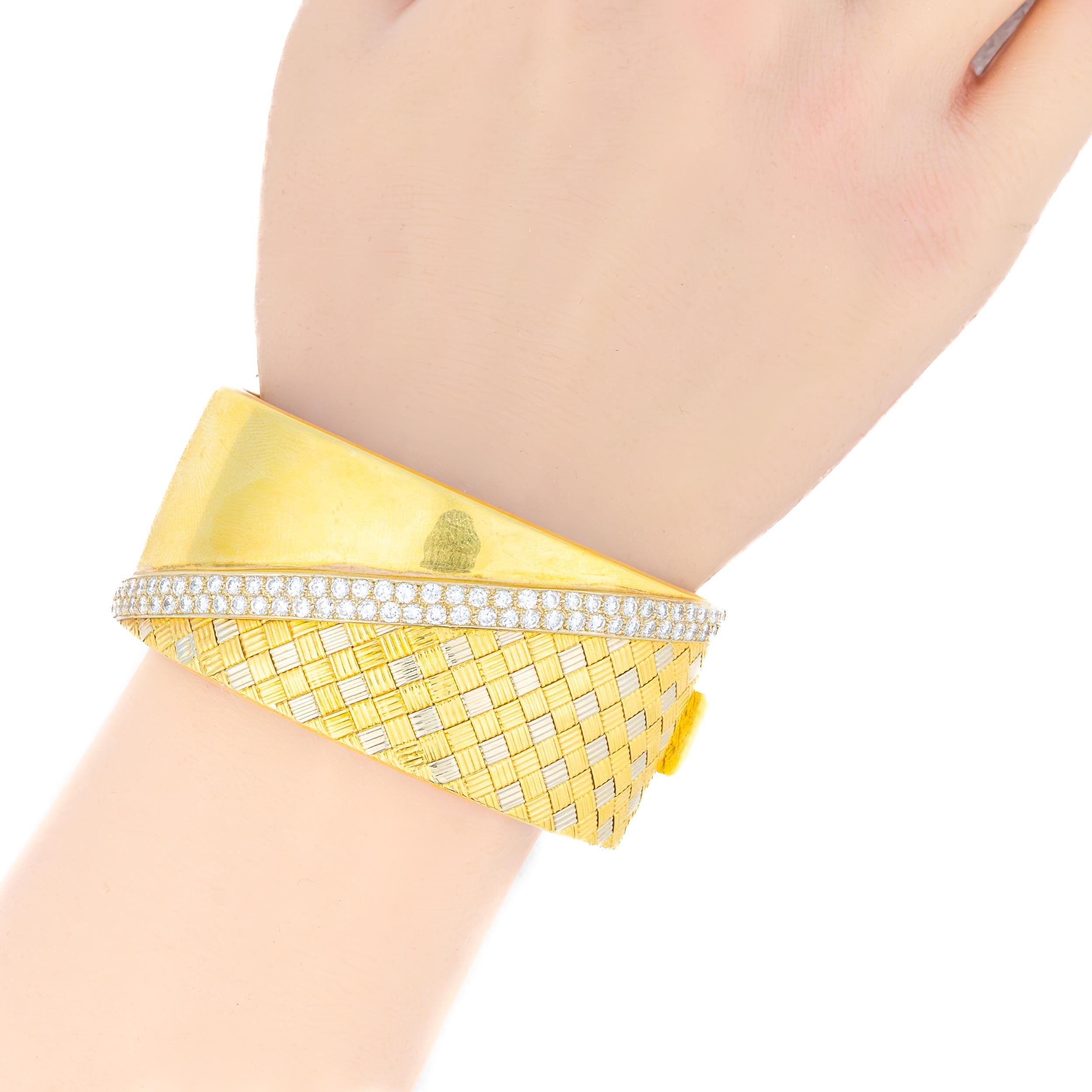 Retro Vintage Two-Tone Diamond Woven Gold Bangle Bracelet For Sale