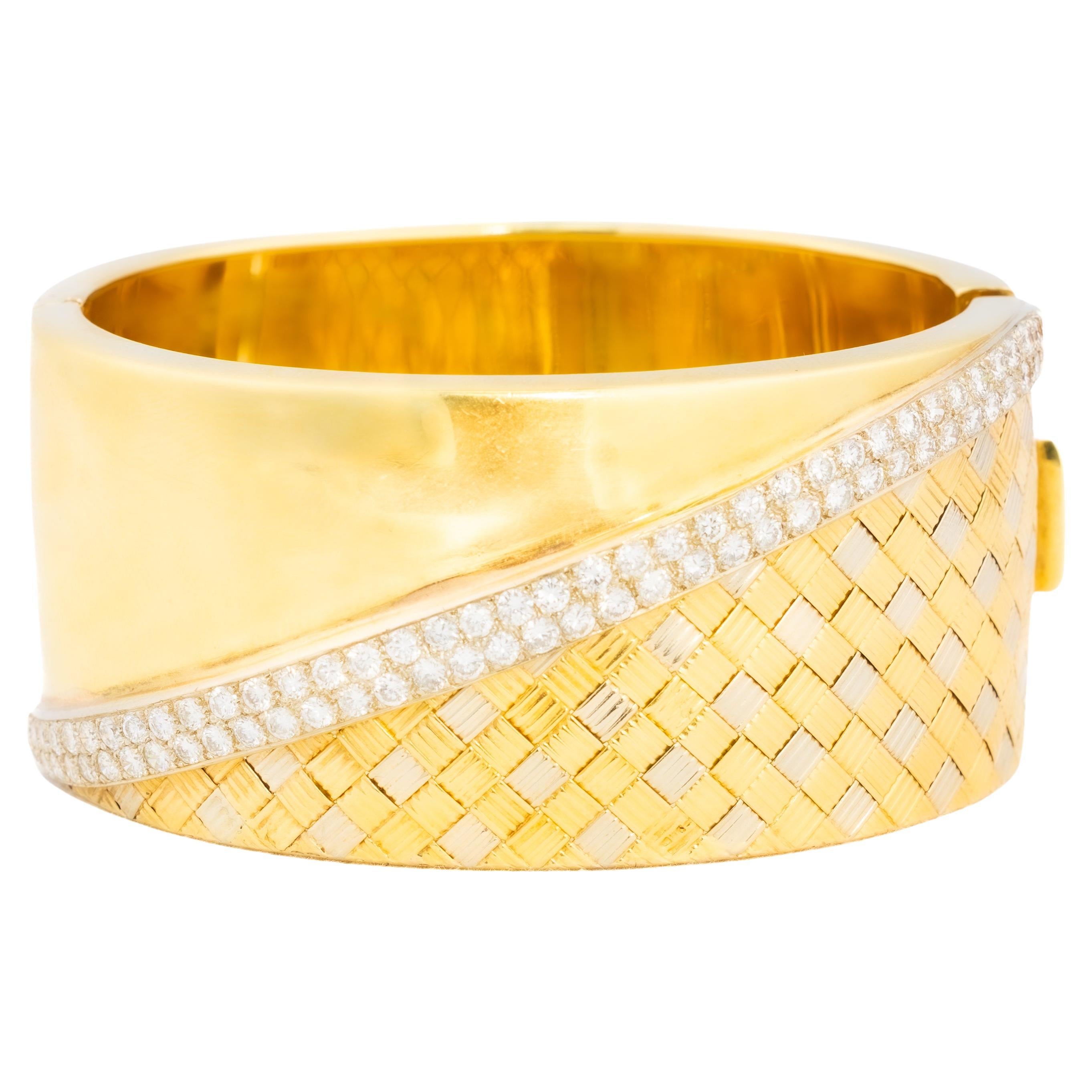 Pulsera brazalete vintage de oro tejida con diamantes en dos tonos