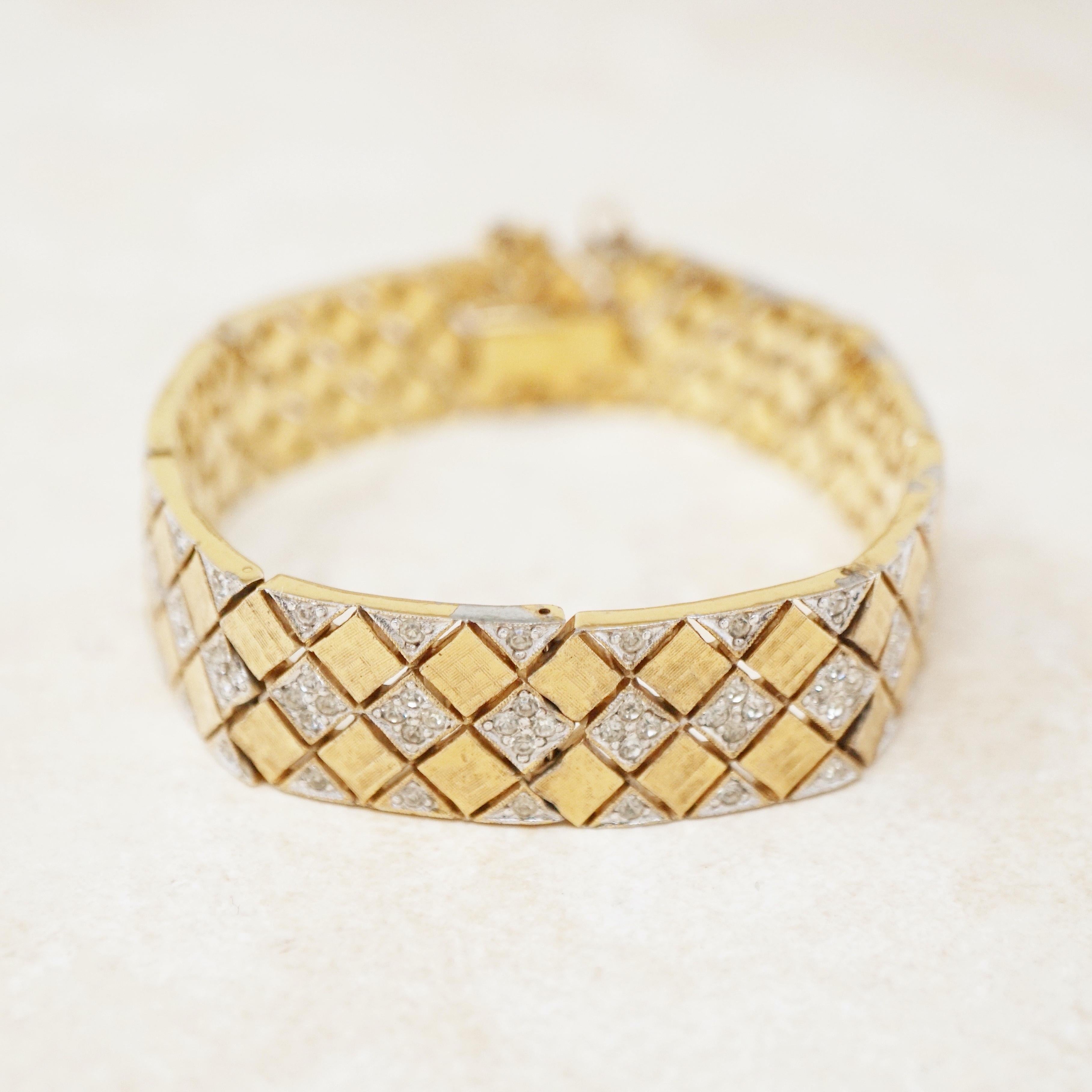 Modern Vintage Two Tone Gilt Diamond Patterned Bracelet w Rhinestones by Panetta, 1970s