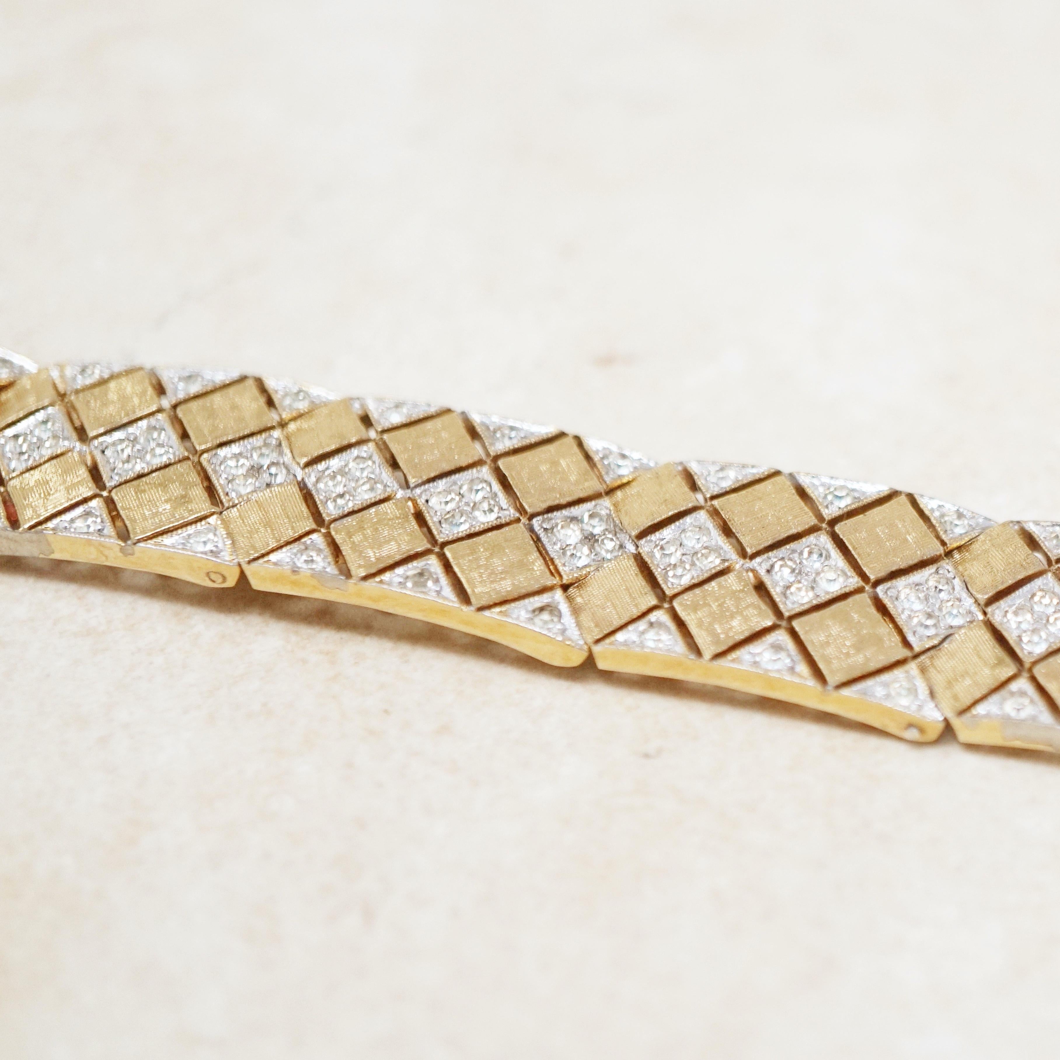 Vintage Two Tone Gilt Diamond Patterned Bracelet w Rhinestones by Panetta, 1970s In Excellent Condition In McKinney, TX