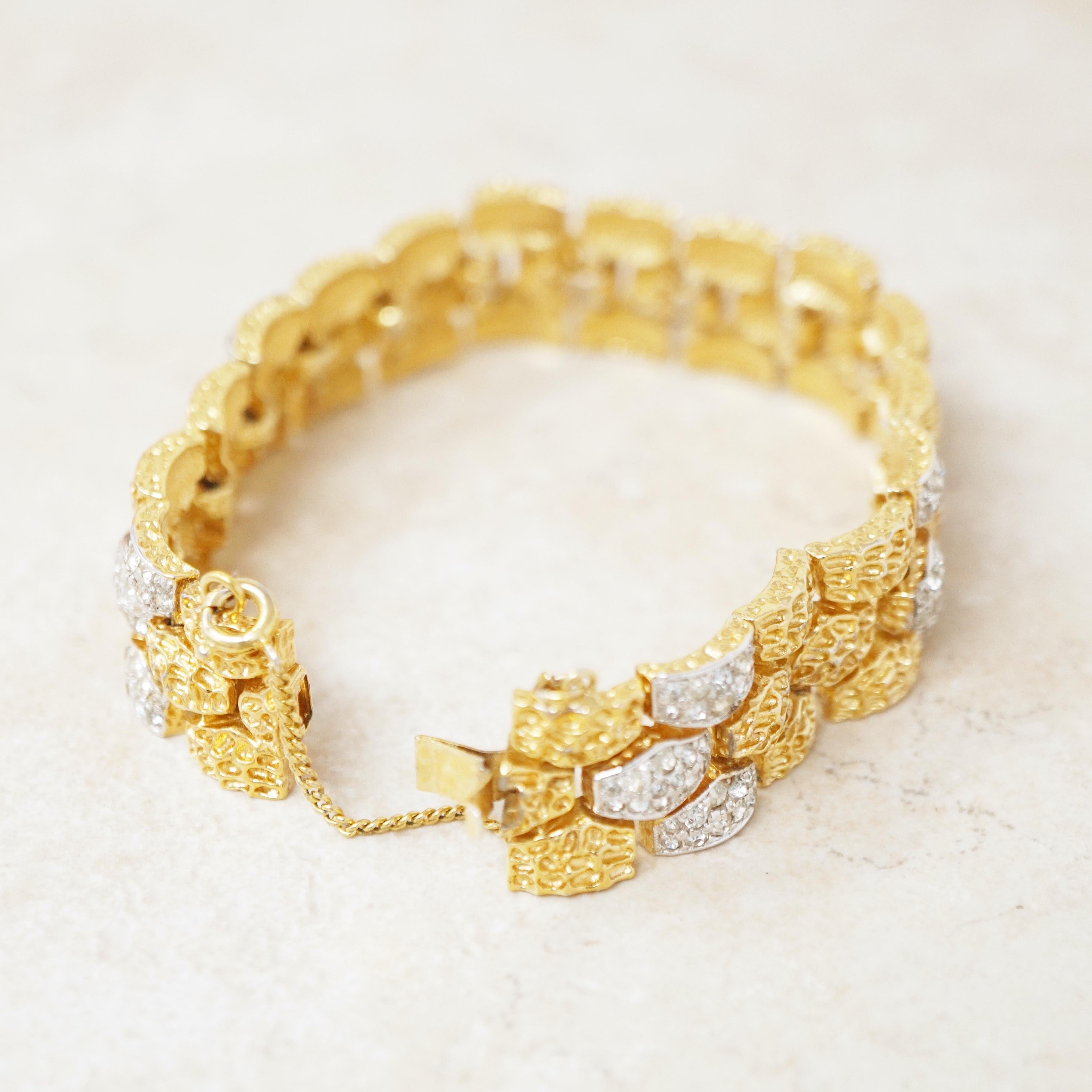 Vintage Two Tone Gilt & Rhinestone Textured Nugget Bracelet by Panetta, 1970s For Sale 7
