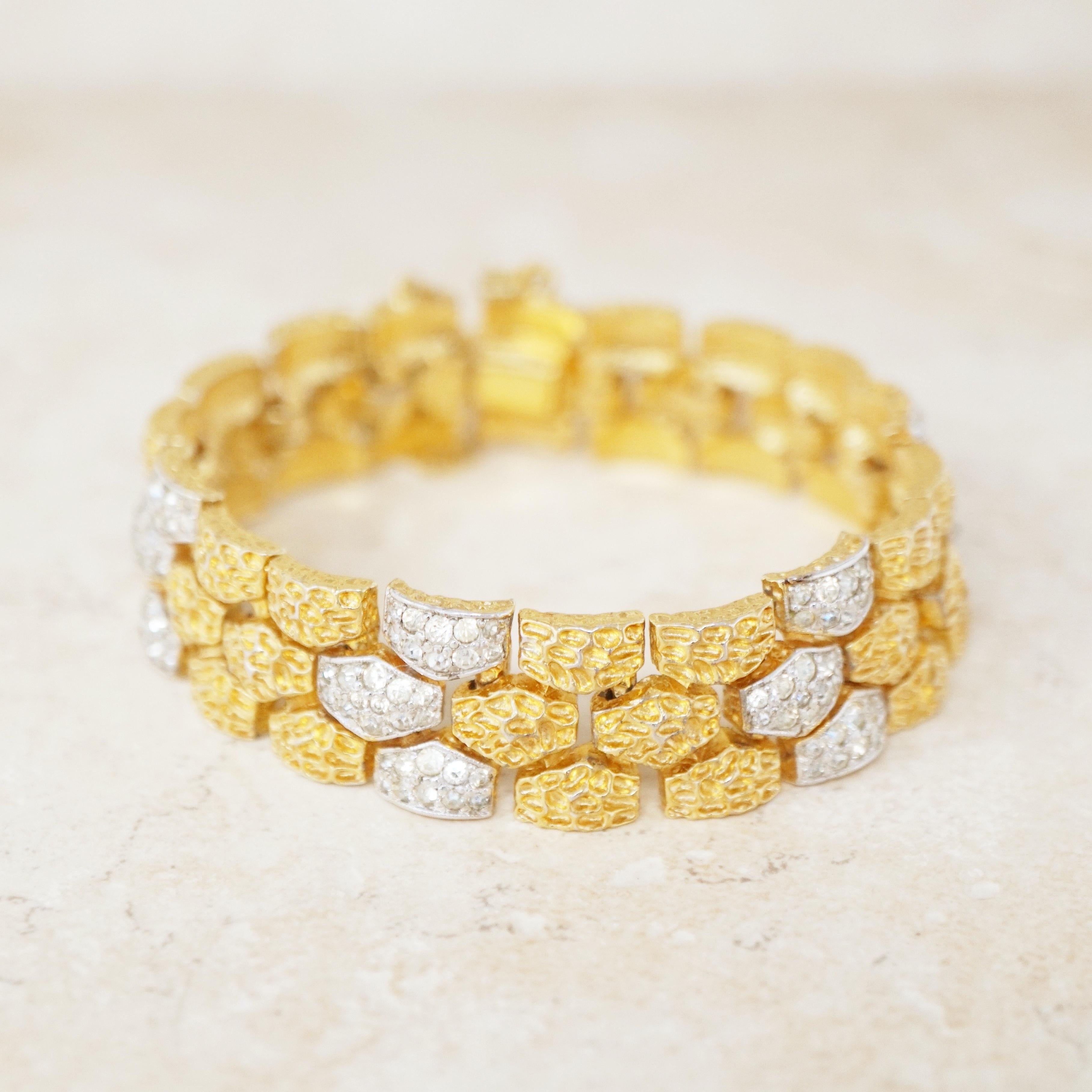 Vintage Two Tone Gilt & Rhinestone Textured Nugget Bracelet by Panetta, 1970s In Excellent Condition For Sale In McKinney, TX