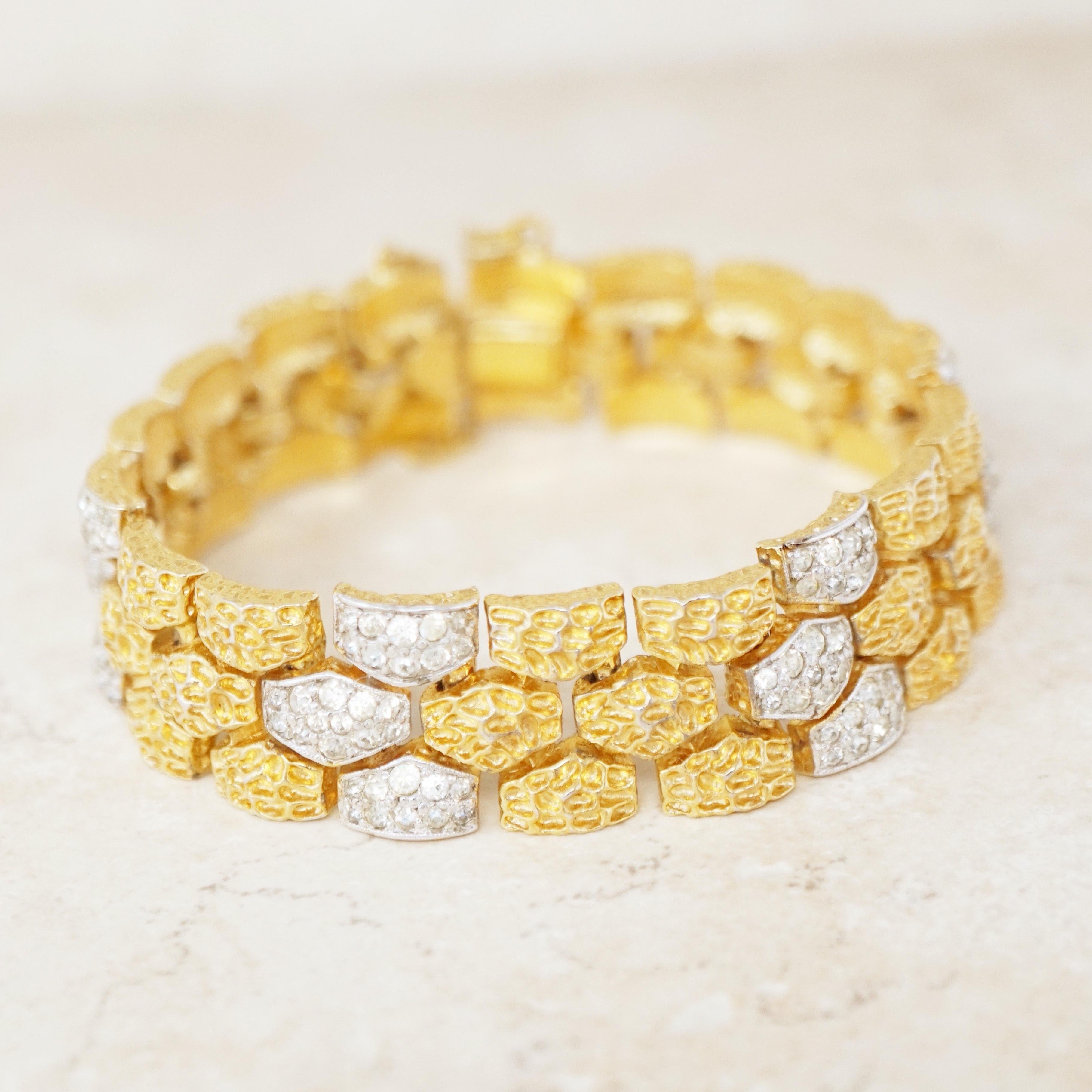 Women's Vintage Two Tone Gilt & Rhinestone Textured Nugget Bracelet by Panetta, 1970s For Sale