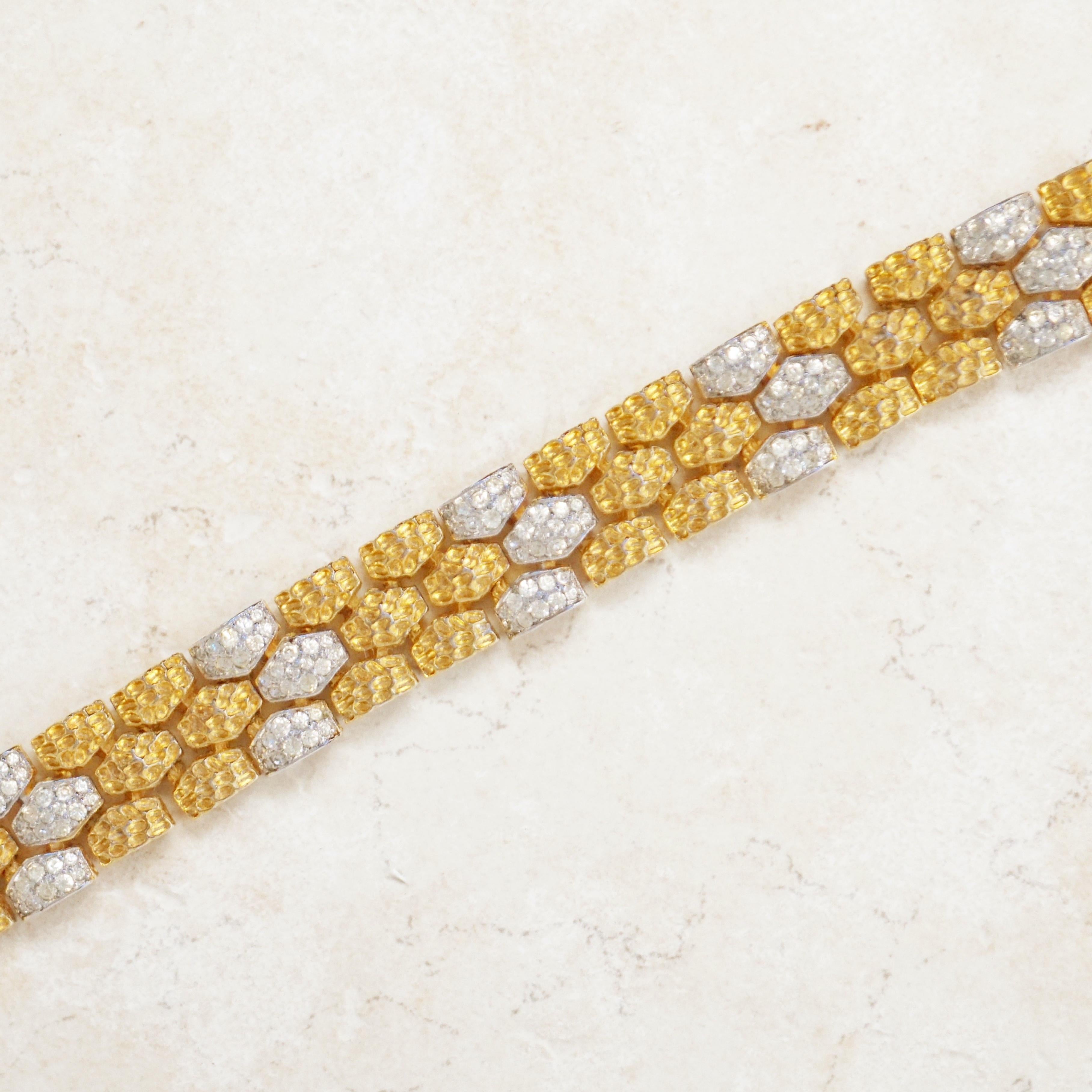 Vintage Two Tone Gilt & Rhinestone Textured Nugget Bracelet by Panetta, 1970s For Sale 2
