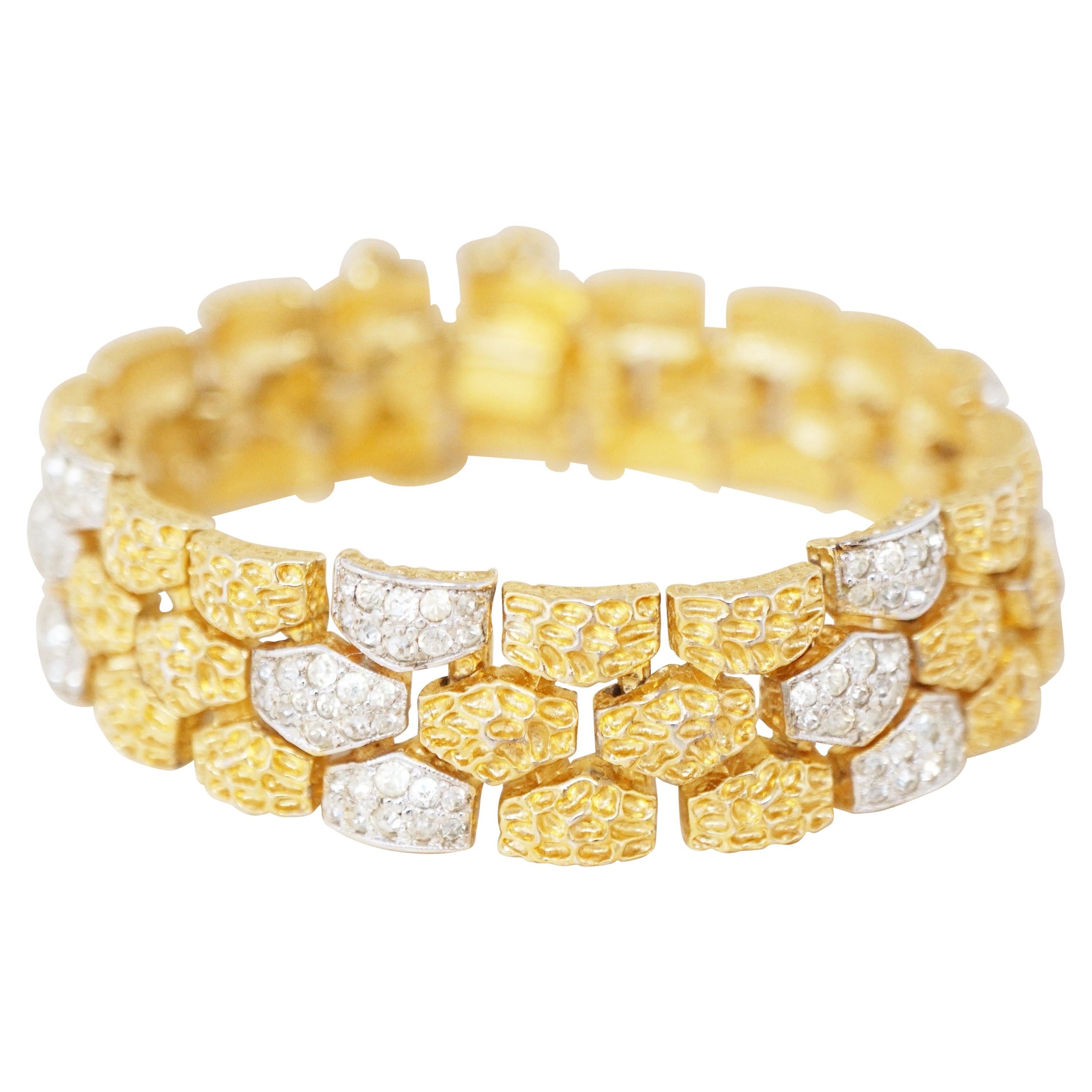 Vintage Two Tone Gilt & Rhinestone Textured Nugget Bracelet by Panetta, 1970s For Sale