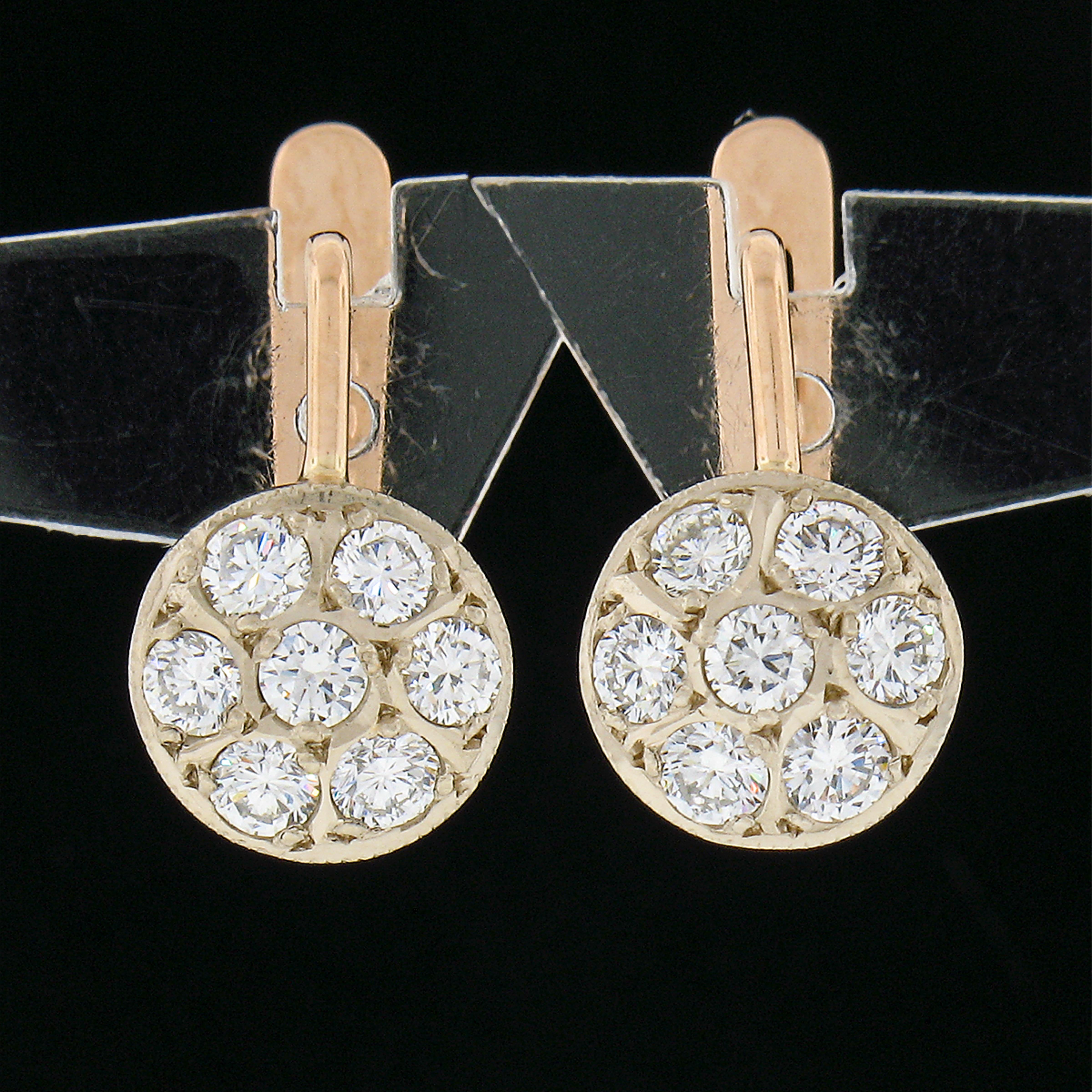 Vintage Two Tone Gold .70ctw Round Pave Set Diamond Cluster Drop Dangle Earrings For Sale 1