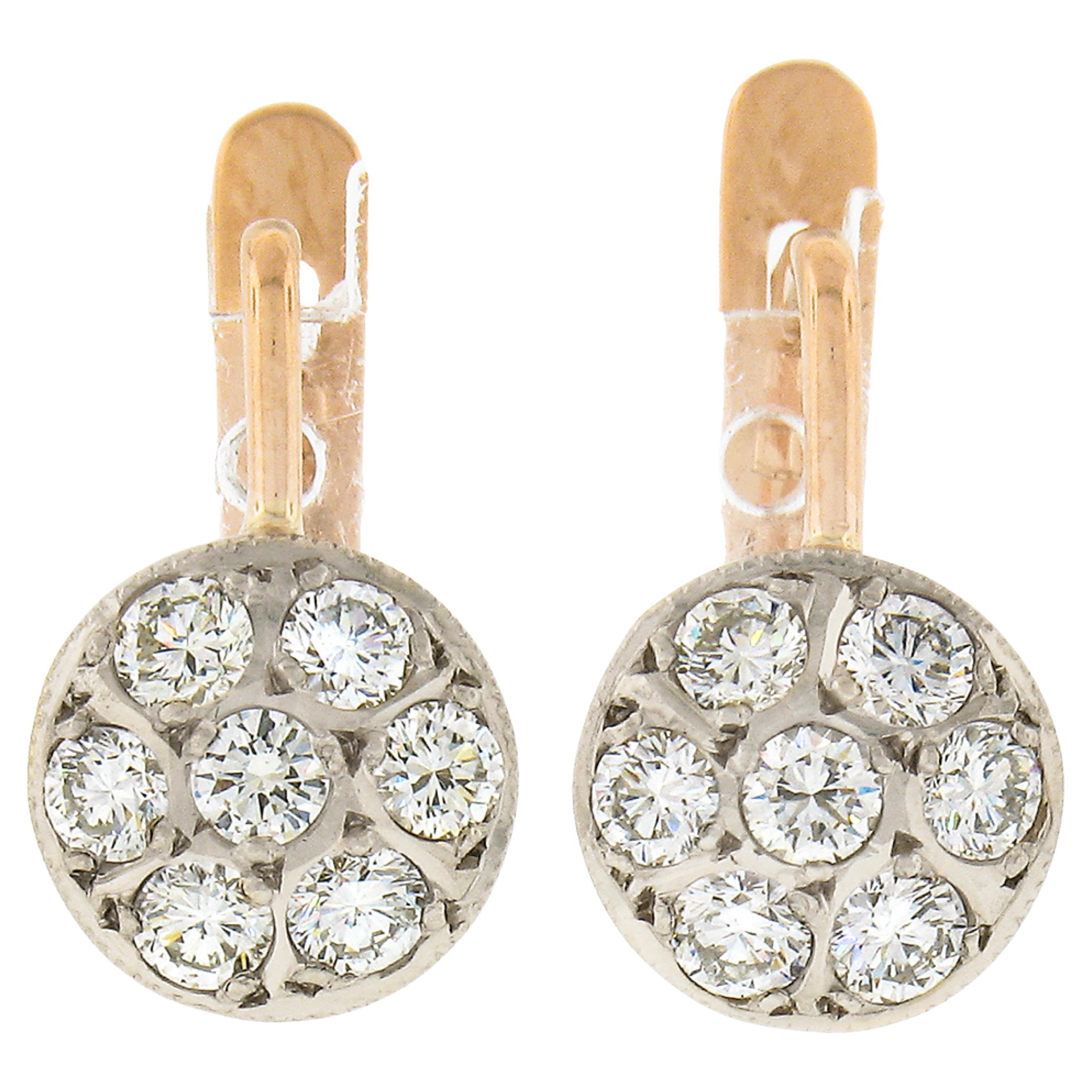 Vintage Two Tone Gold .70ctw Round Pave Set Diamond Cluster Drop Dangle Earrings For Sale