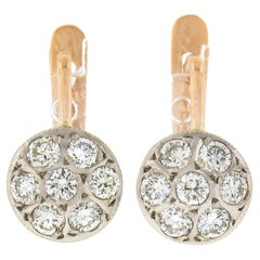 Vintage Two Tone Gold .70ctw Round Pave Set Diamond Cluster Drop Dangle Earrings