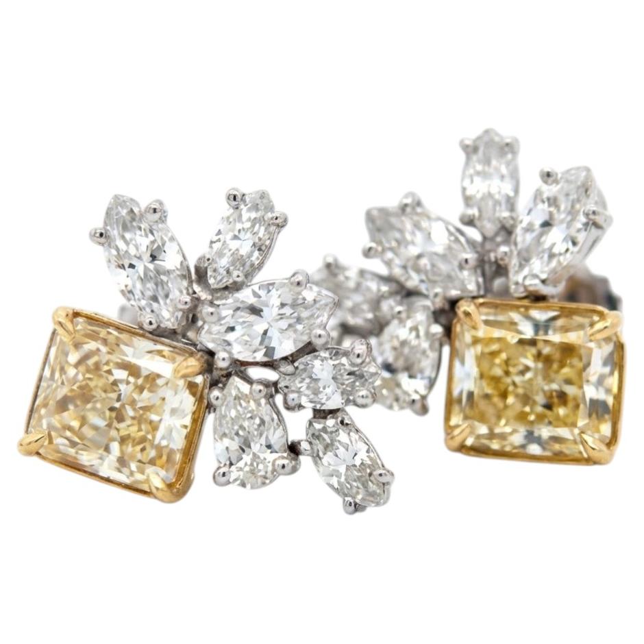 Vintage Two-Tone Gold Fancy Yellow Diamond Cluster Earrings 6.00 Carats