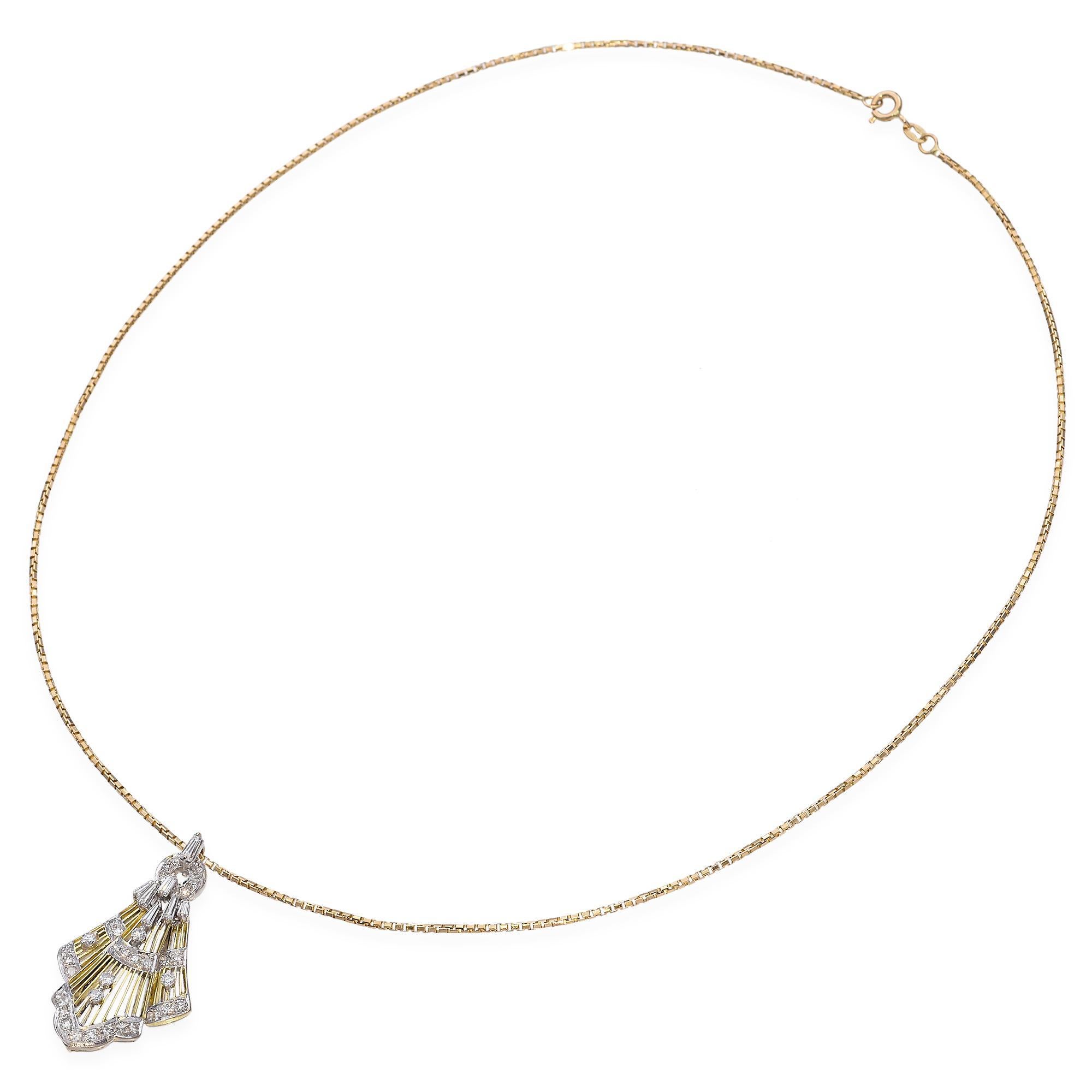 Tapered Baguette Vintage Two-Tone Gold Filigree Diamond Pendant Necklace For Sale