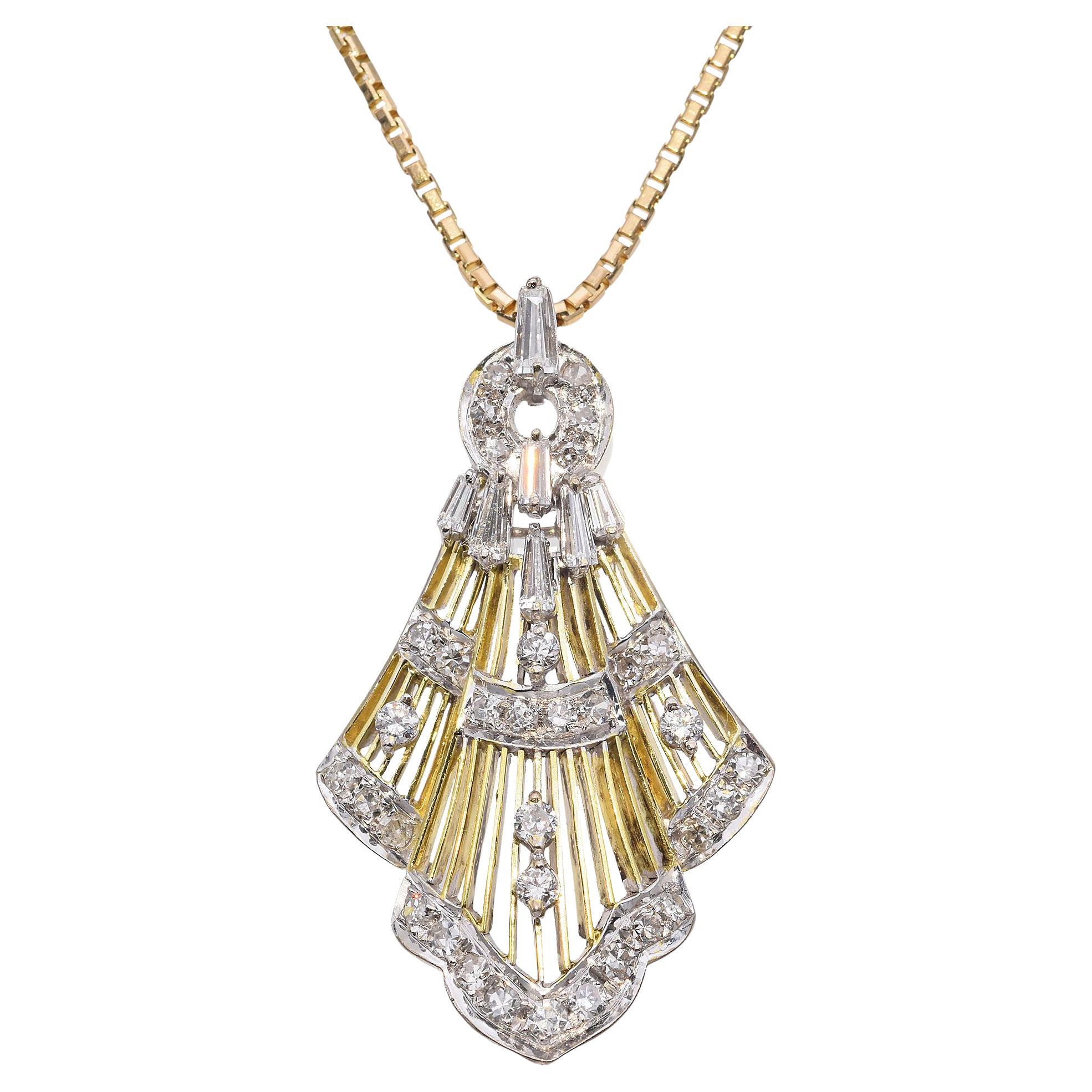 Vintage Two-Tone Gold Filigree Diamond Pendant Necklace For Sale