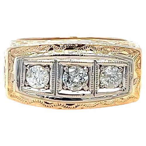 Vintage Two Tone Gold Ring with Three Stone Diamond Design For Sale