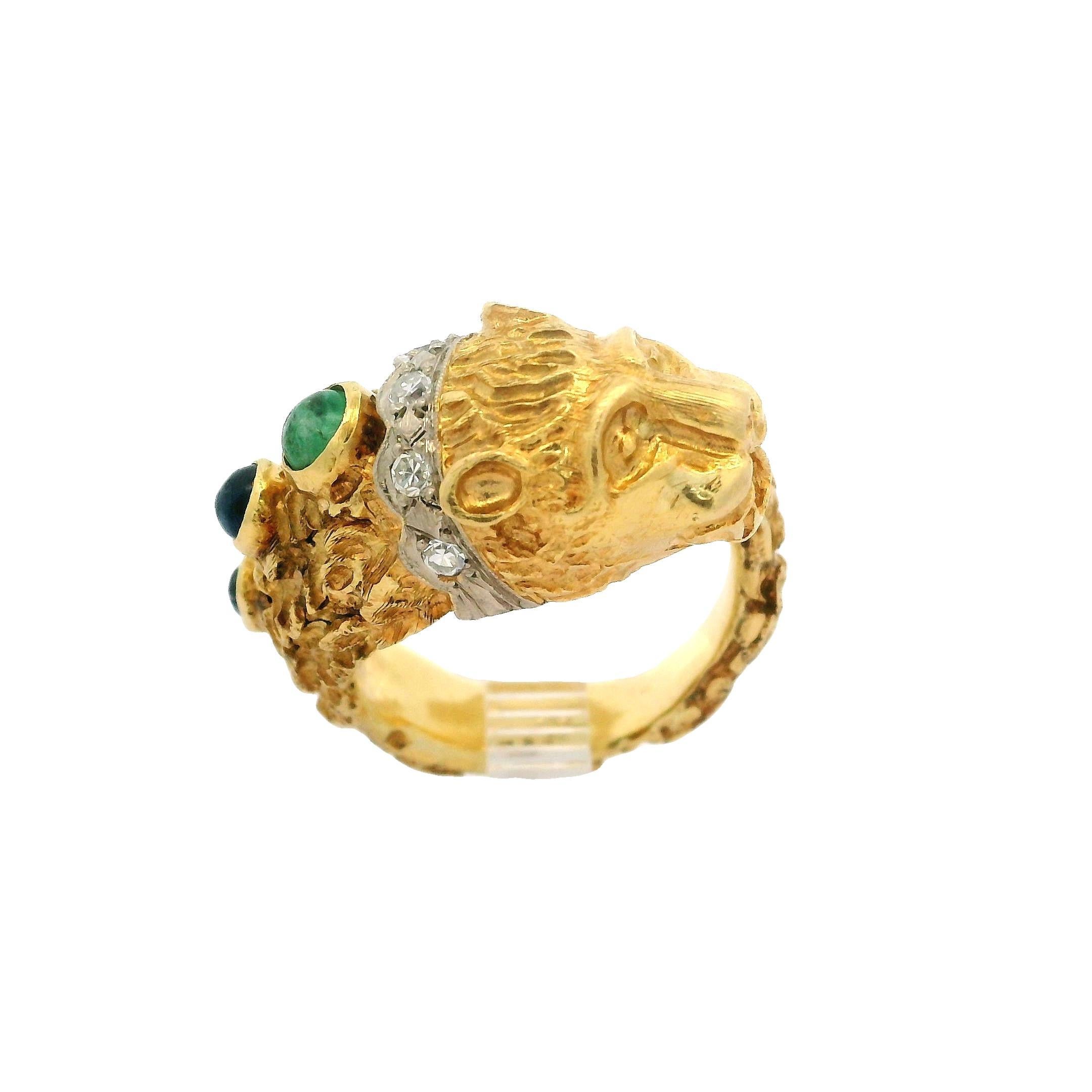 Vintage Two Tone Gold Sapphire Emerald & Diamond Textured Chimera Lion Wrap Ring 5