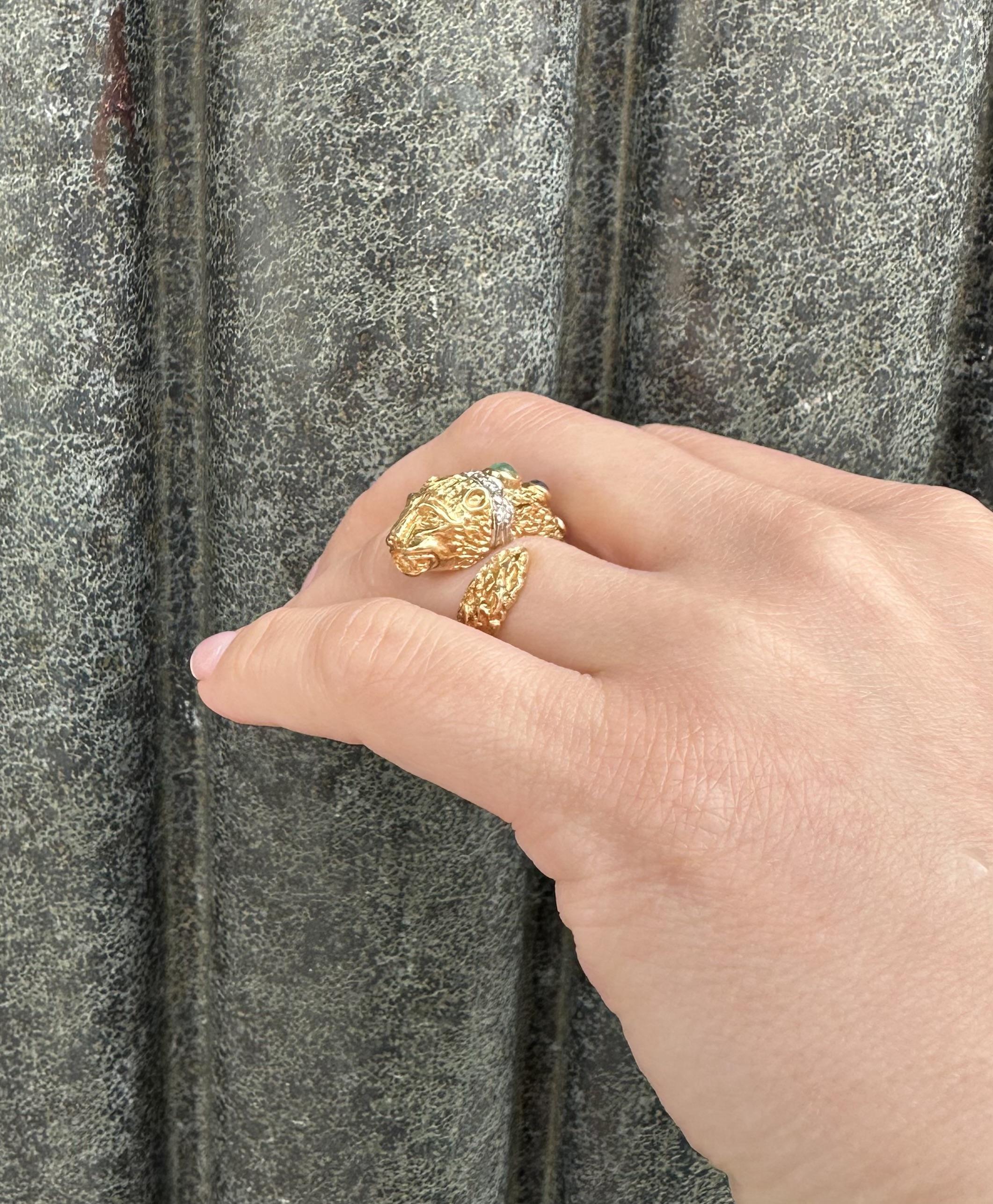Cabochon Vintage Two Tone Gold Sapphire Emerald & Diamond Textured Chimera Lion Wrap Ring