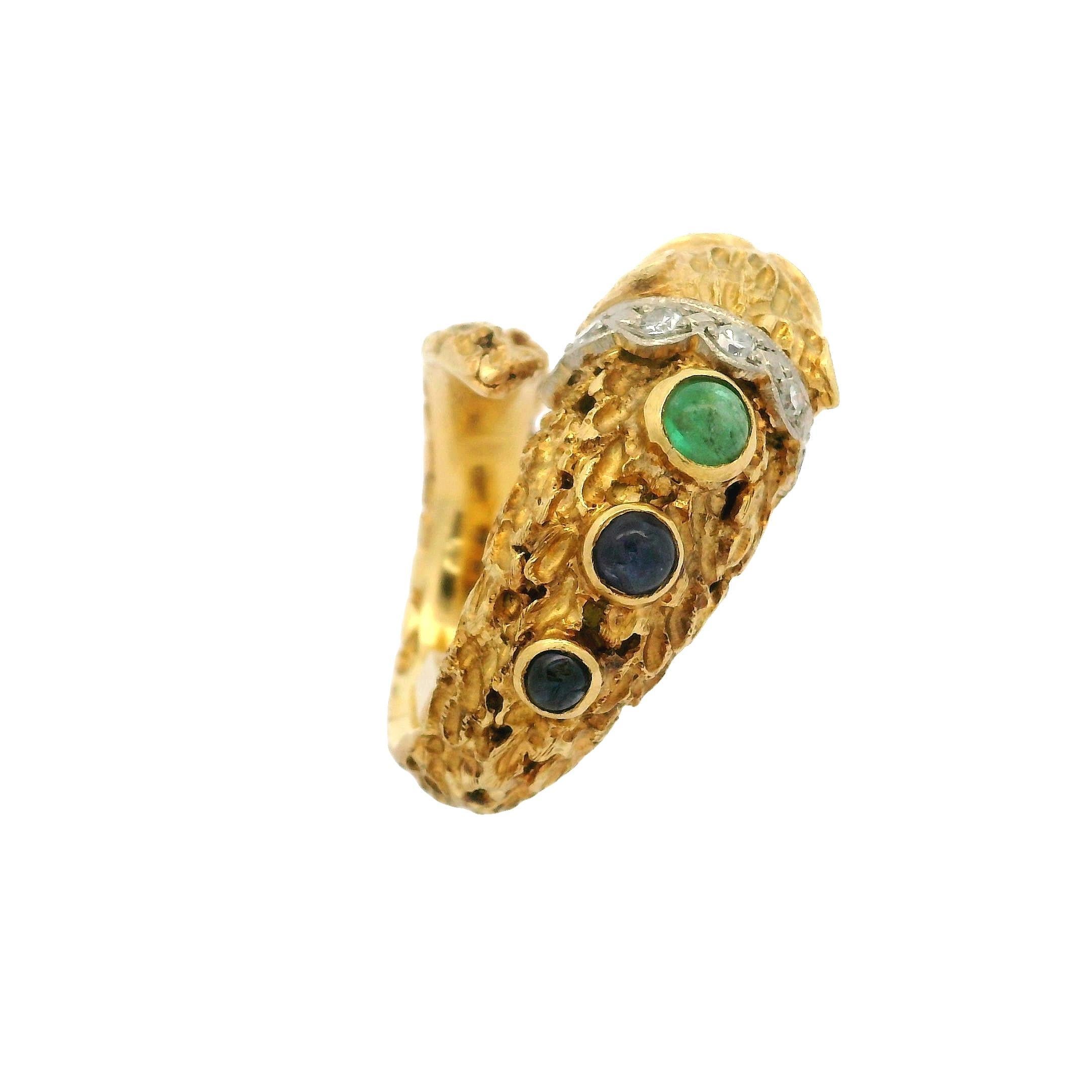 Vintage Two Tone Gold Sapphire Emerald & Diamond Textured Chimera Lion Wrap Ring In Excellent Condition In Montclair, NJ