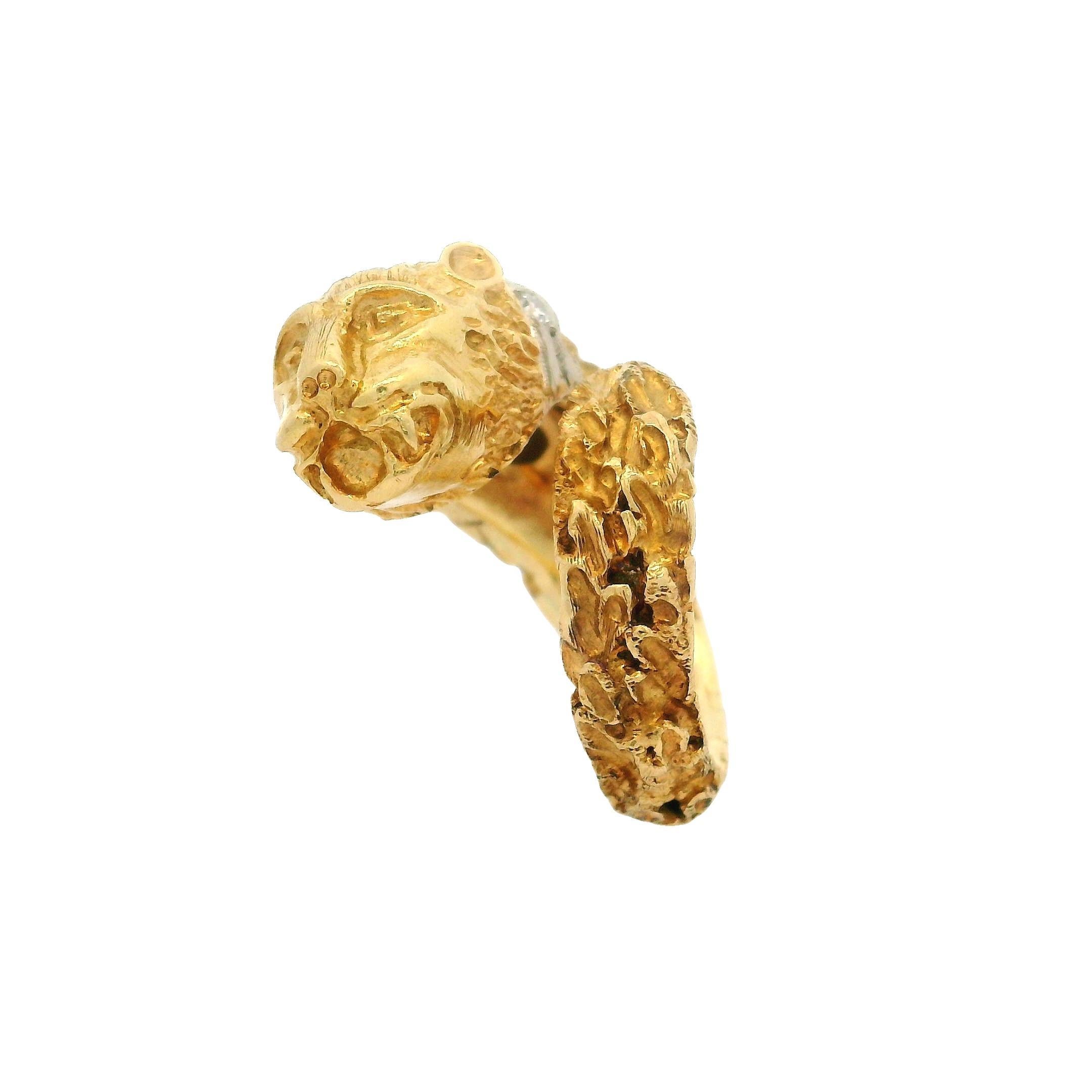 Vintage Two Tone Gold Sapphire Emerald & Diamond Textured Chimera Lion Wrap Ring 1