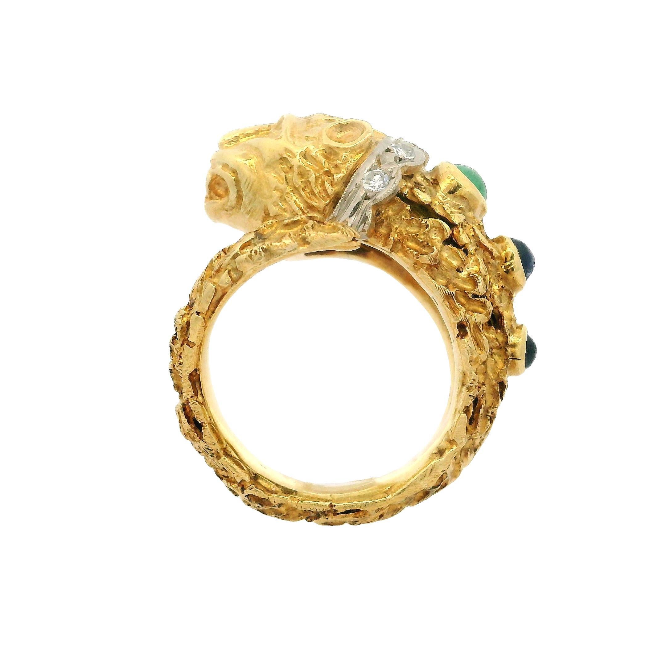 Vintage Two Tone Gold Sapphire Emerald & Diamond Textured Chimera Lion Wrap Ring 2