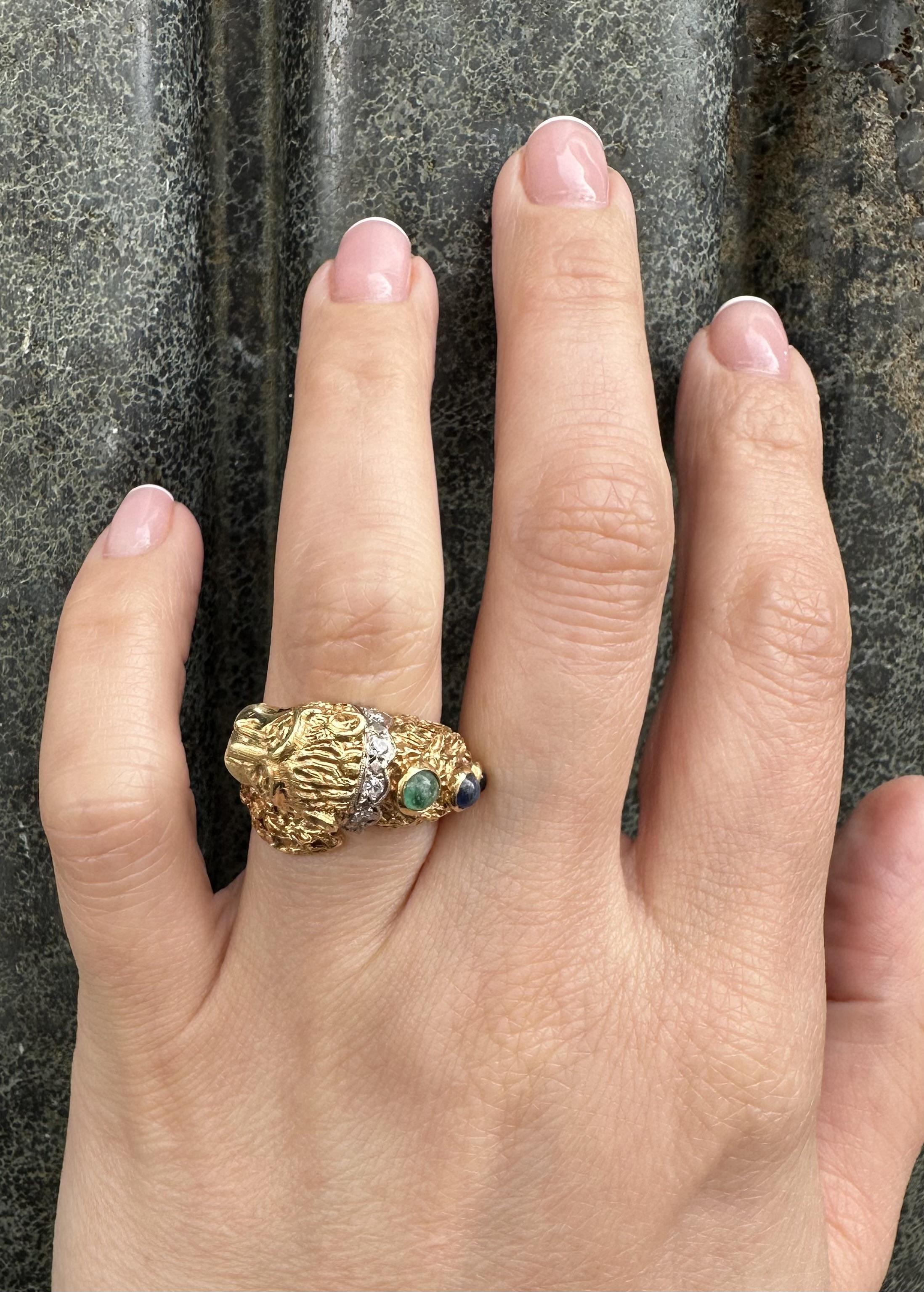 Vintage Two Tone Gold Sapphire Emerald & Diamond Textured Chimera Lion Wrap Ring 3