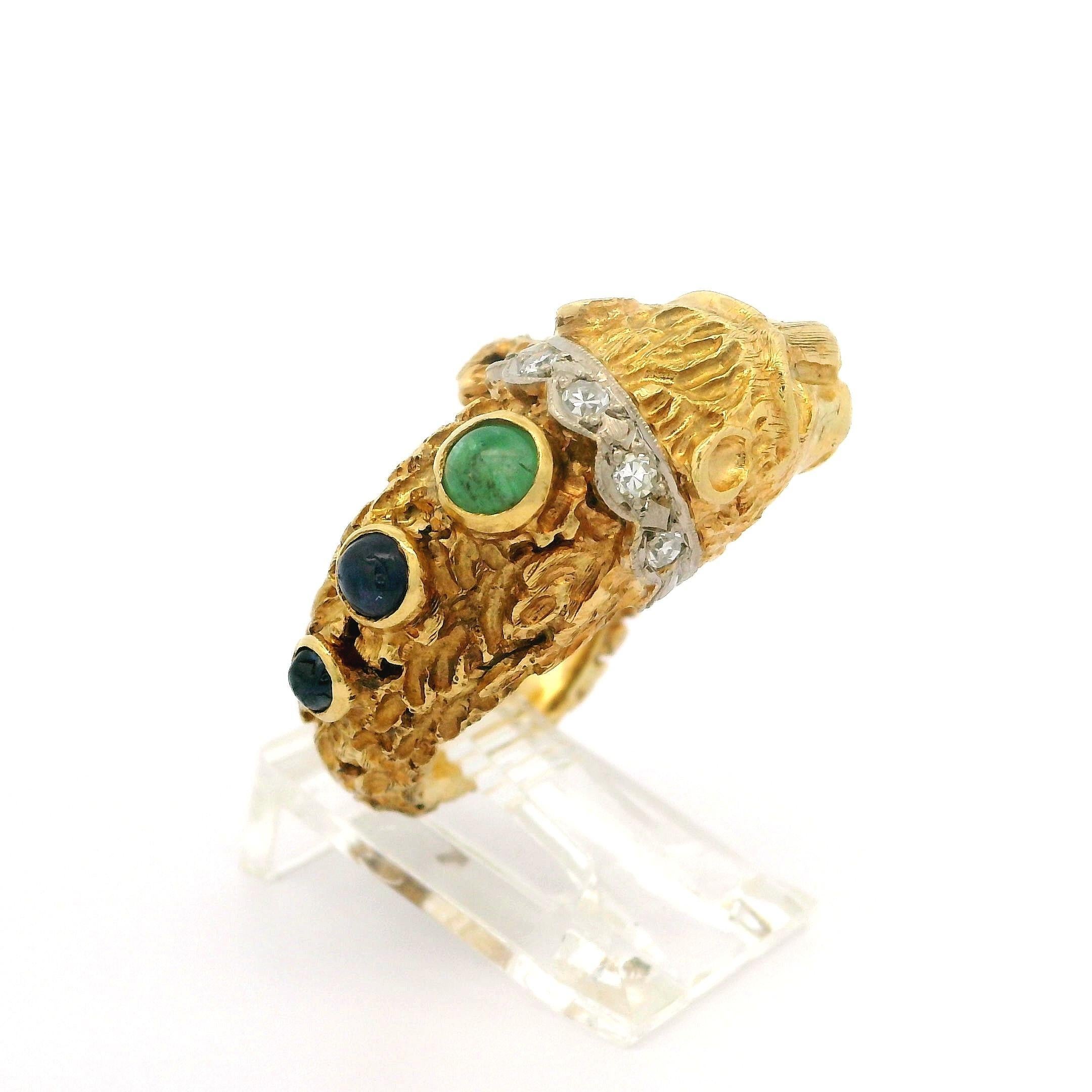 Vintage Two Tone Gold Sapphire Emerald & Diamond Textured Chimera Lion Wrap Ring 4