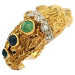 Vintage Two Tone Gold Sapphire Emerald & Diamond Textured Chimera Lion Wrap Ring