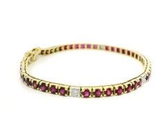 Vintage Two Tone Gold Vivid Red Round Ruby Diamond Stations Line Tennis Bracelet