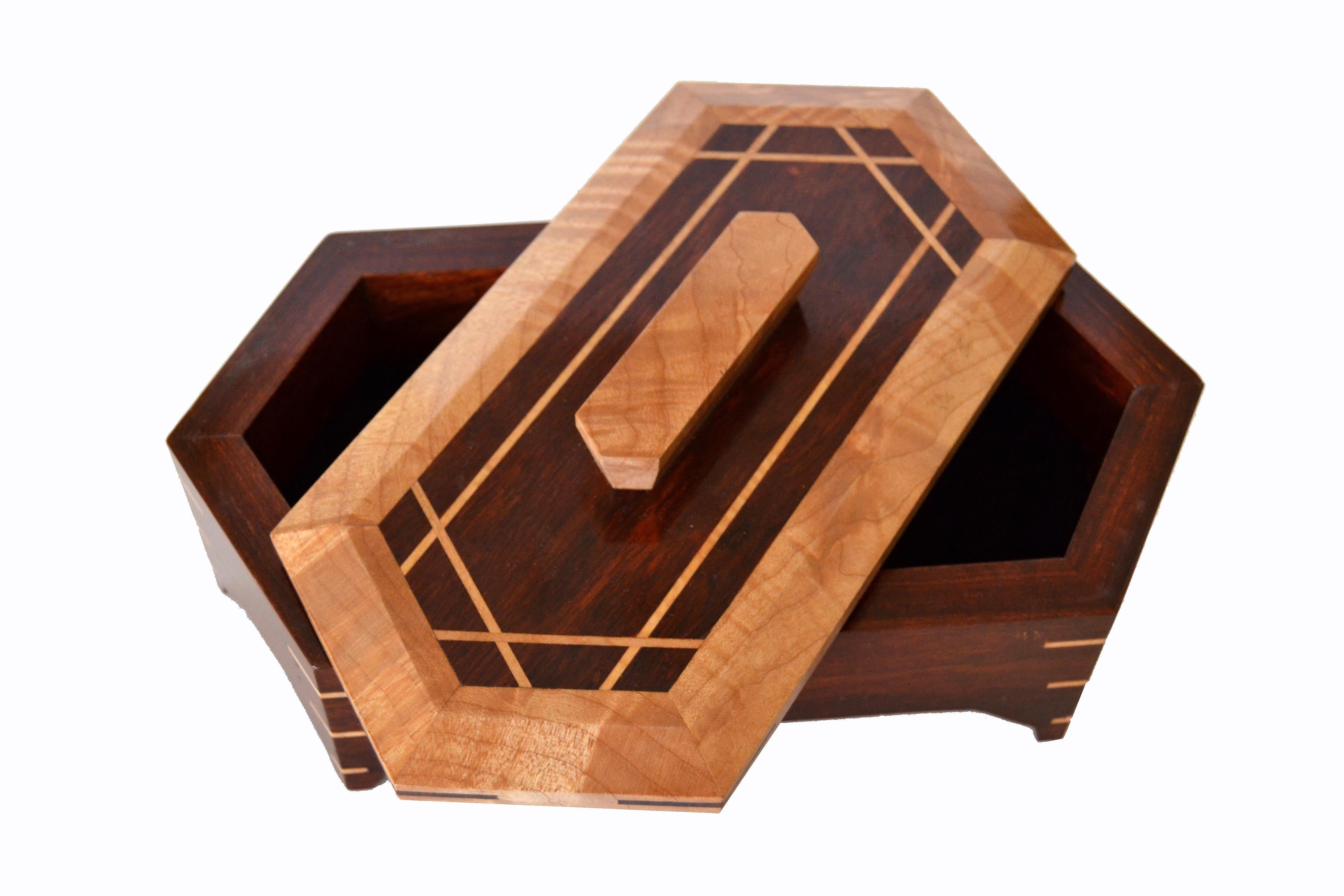 Mid-Century Modern Vintage Two-Tone Handcrafted Decorative Mahogany Keepsake Wooden Box with Lid