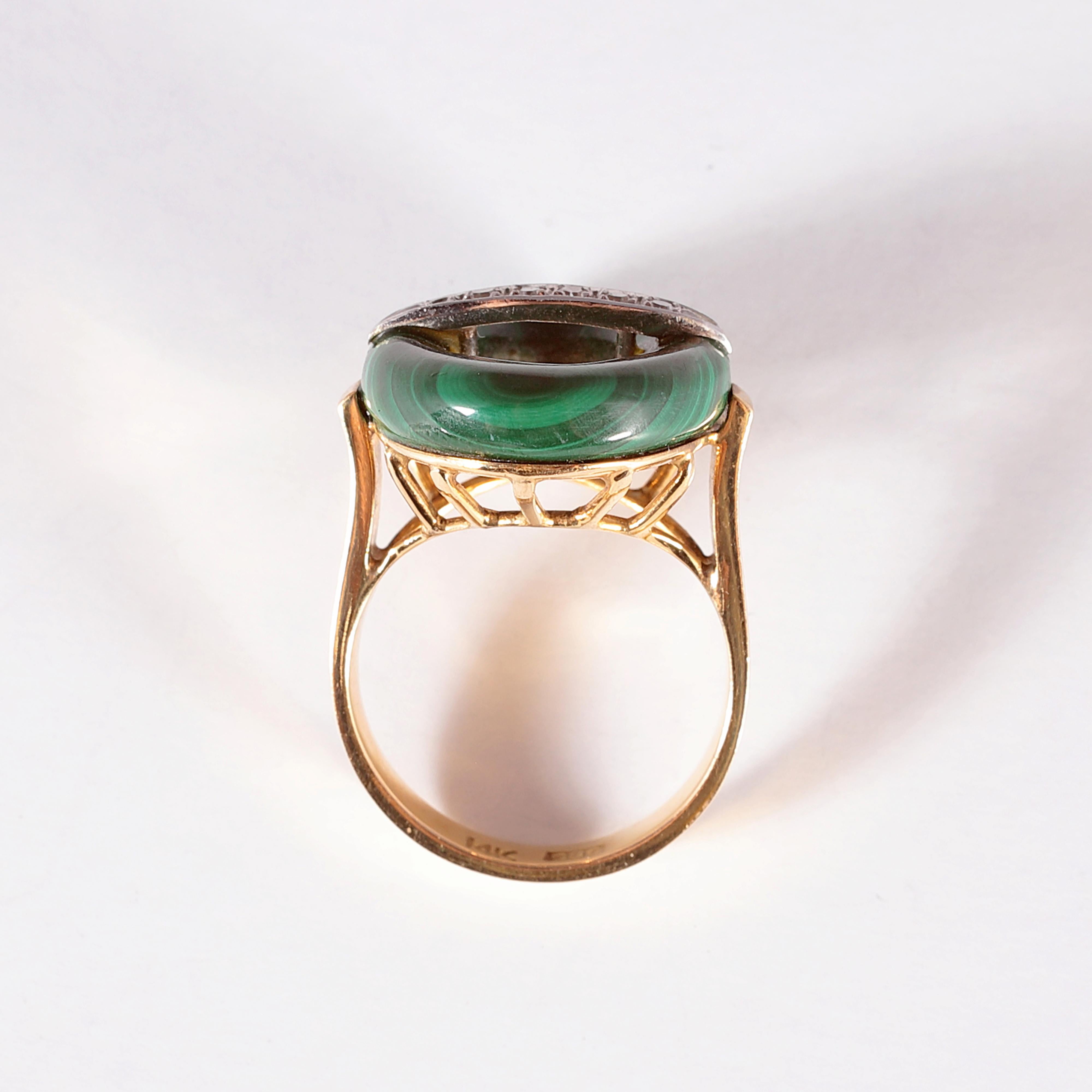 Round Cut Vintage Two-Tone Malachite Diamond Bar Ring For Sale