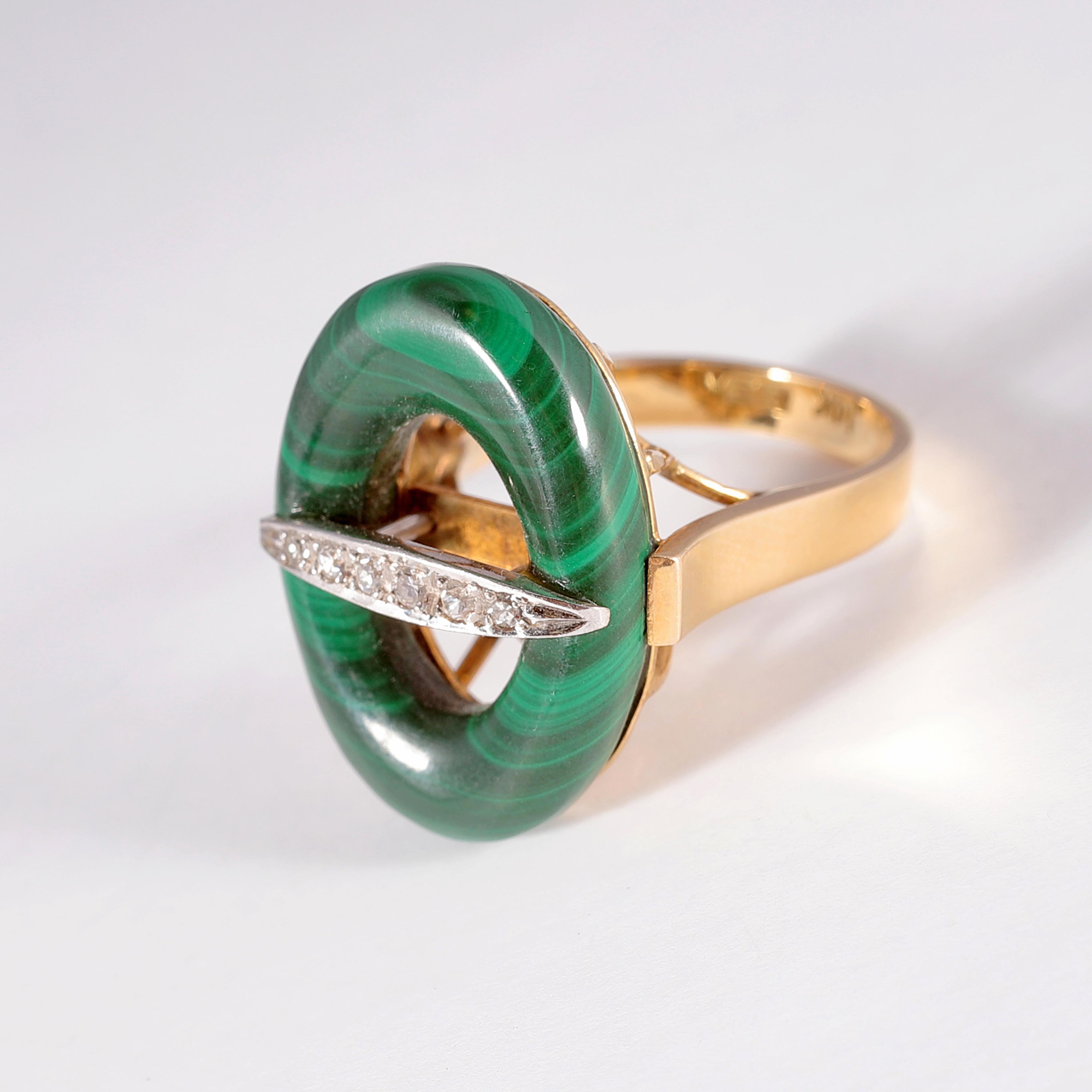 Vintage Two-Tone Malachite Diamond Bar Ring In Good Condition For Sale In Dallas, TX