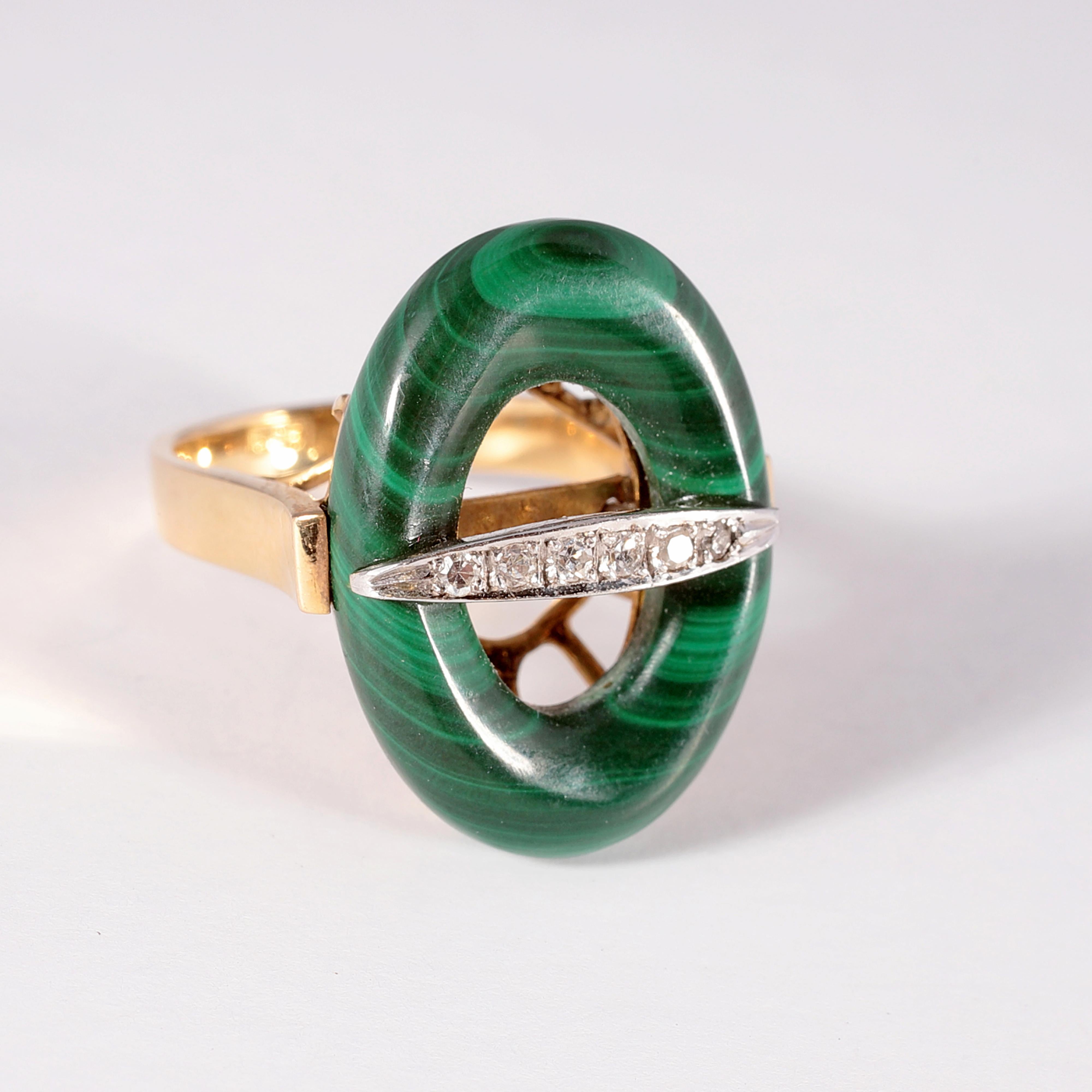 Women's or Men's Vintage Two-Tone Malachite Diamond Bar Ring For Sale