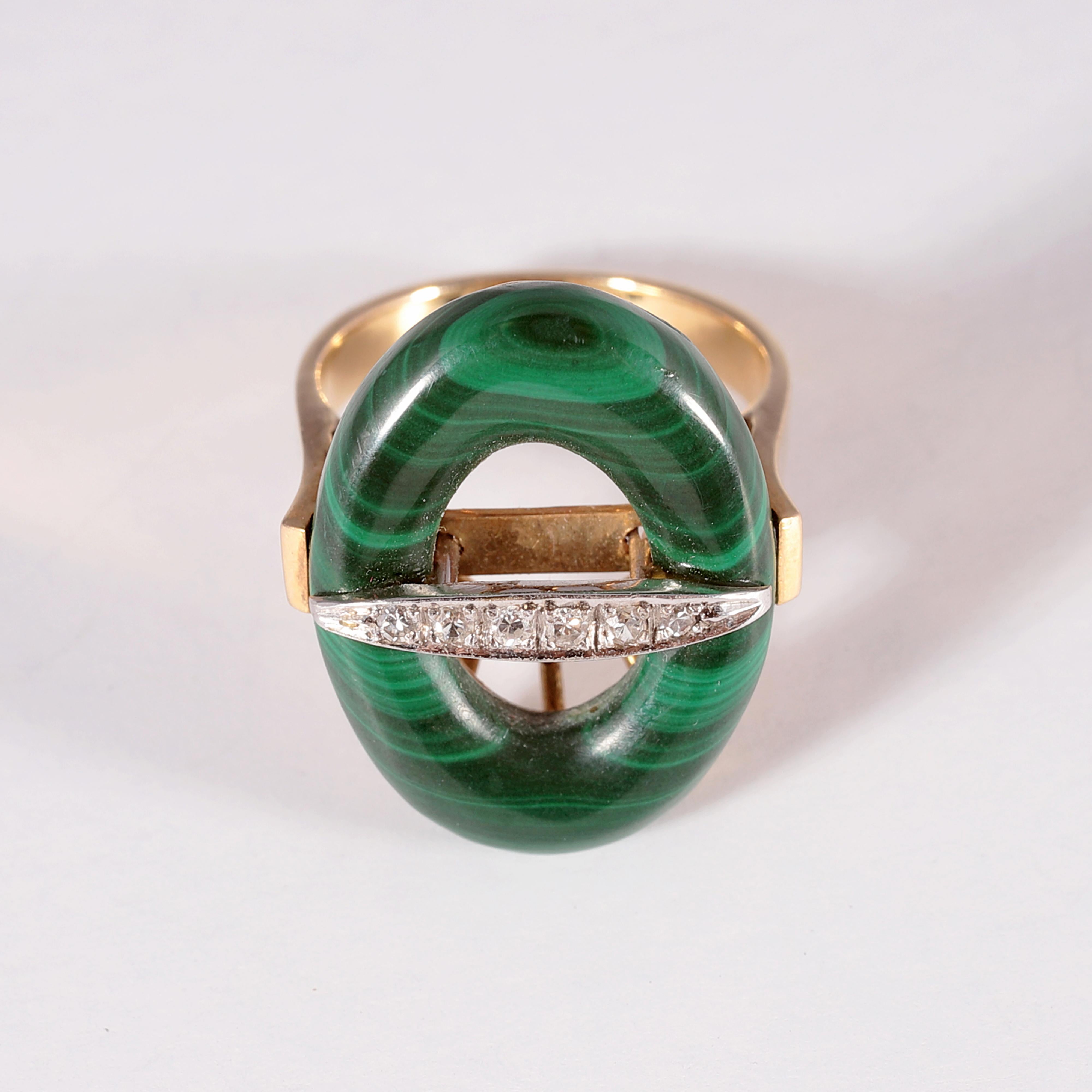 Vintage Two-Tone Malachite Diamond Bar Ring For Sale 1
