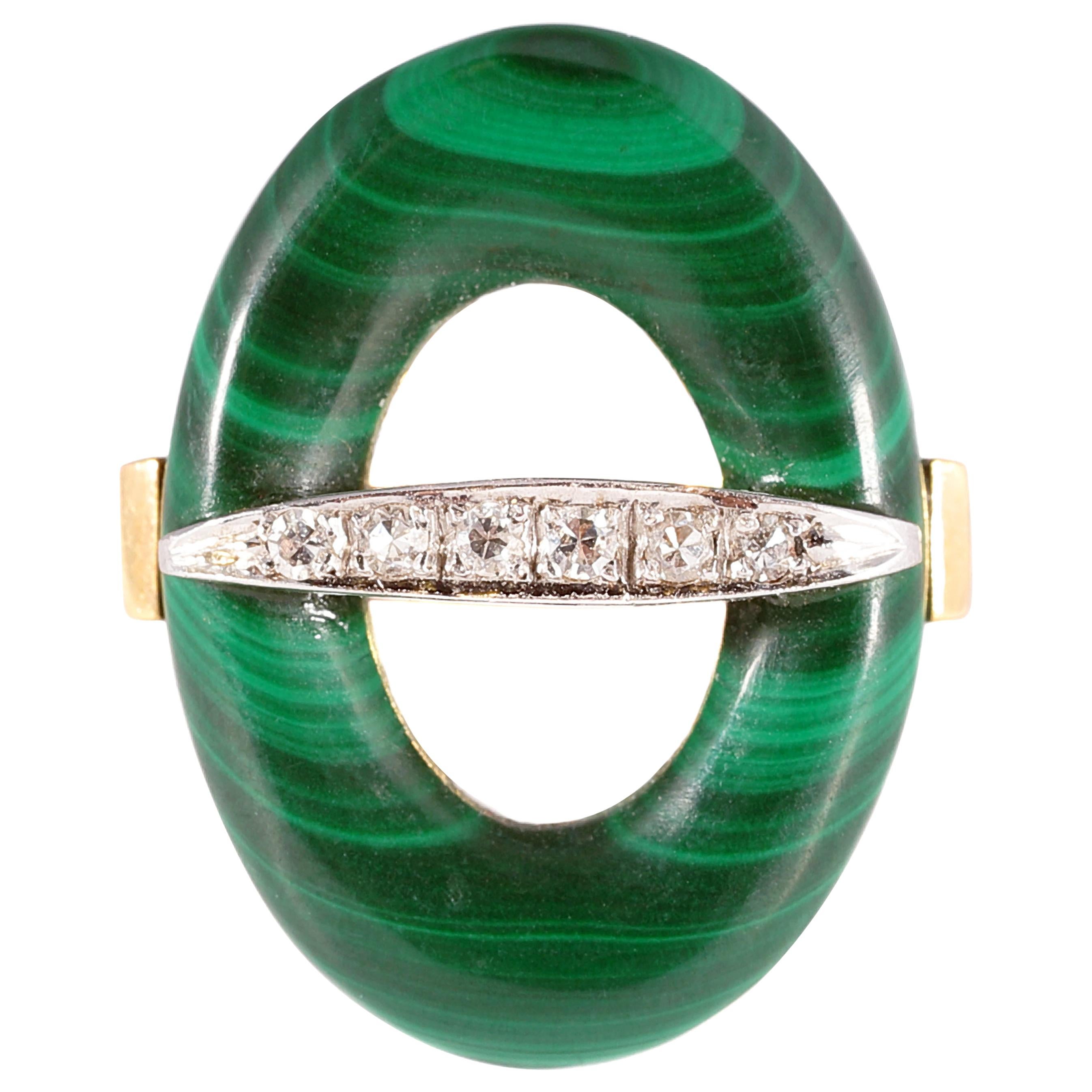Vintage Two-Tone Malachite Diamond Bar Ring For Sale