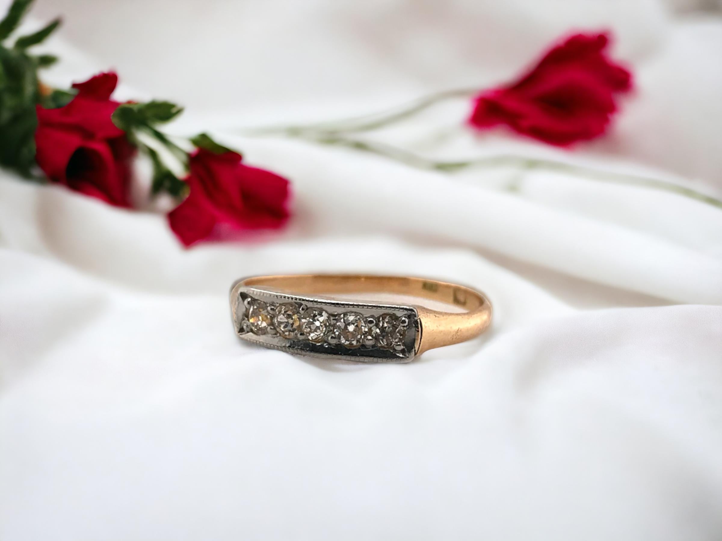 We love the dainty design of this vintage diamond band!

Ring Details
Material: 18K Rose Gold Shank; White Gold Top
Era: Art Deco 1910 - 1930
Weight: 1.8 Grams
Width: 3.5mm
Height: 2.15mm
Finger Size: 5
Sizable Upon Request

Accented by the