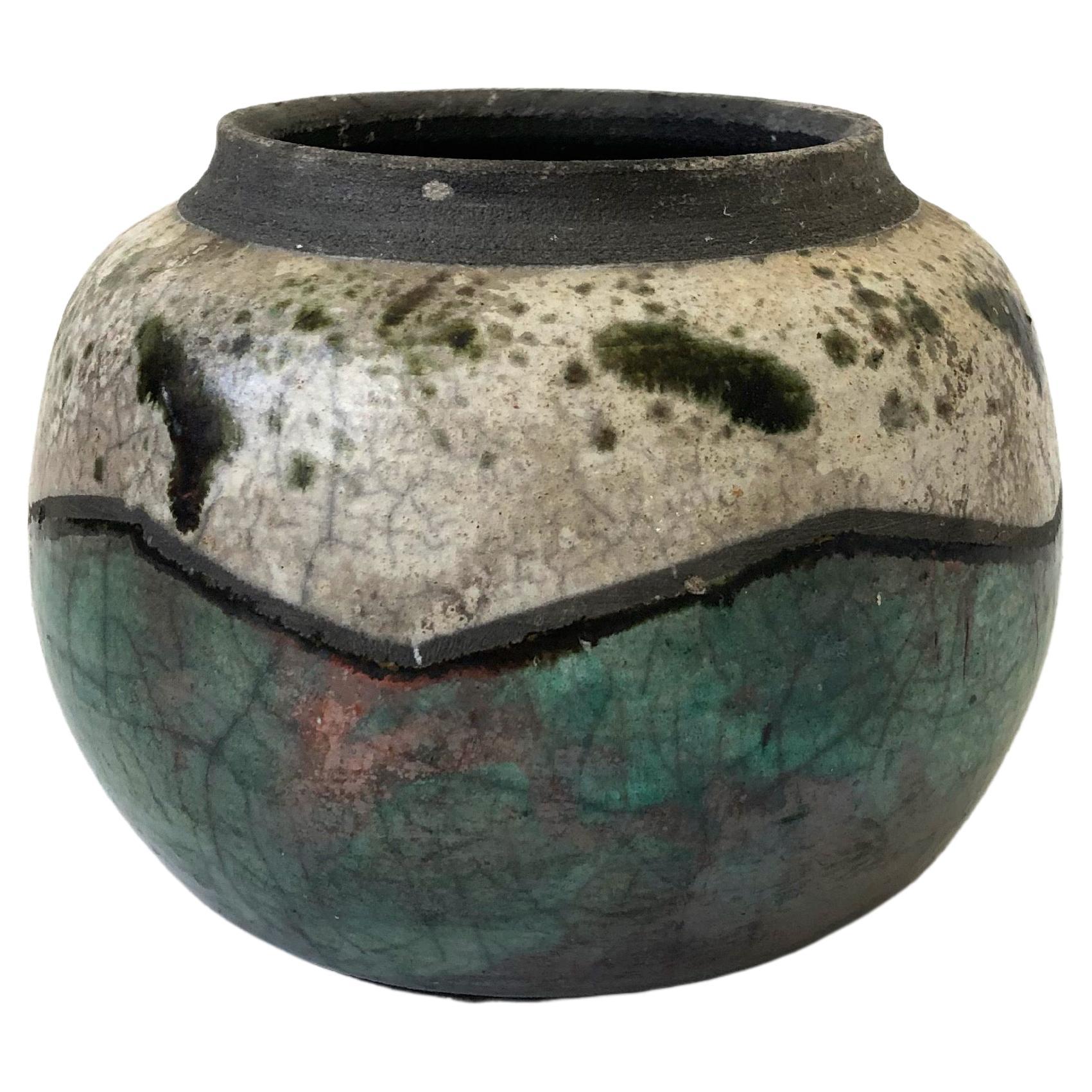 Vintage Raku Pottery Vase Blues and Greens with Matte Black and Copper Inside Hand Made and Signed 1989