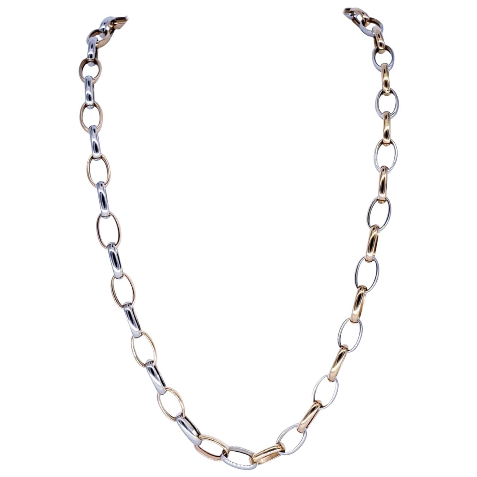 Vintage Two-Tons Rose Gold and White Gold Rolo Link Necklace 18 Karat Gold For Sale
