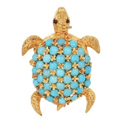 Vintage Two Turtles Persian Turquoise Ruby 18K Yellow  Gold Brooch Pins