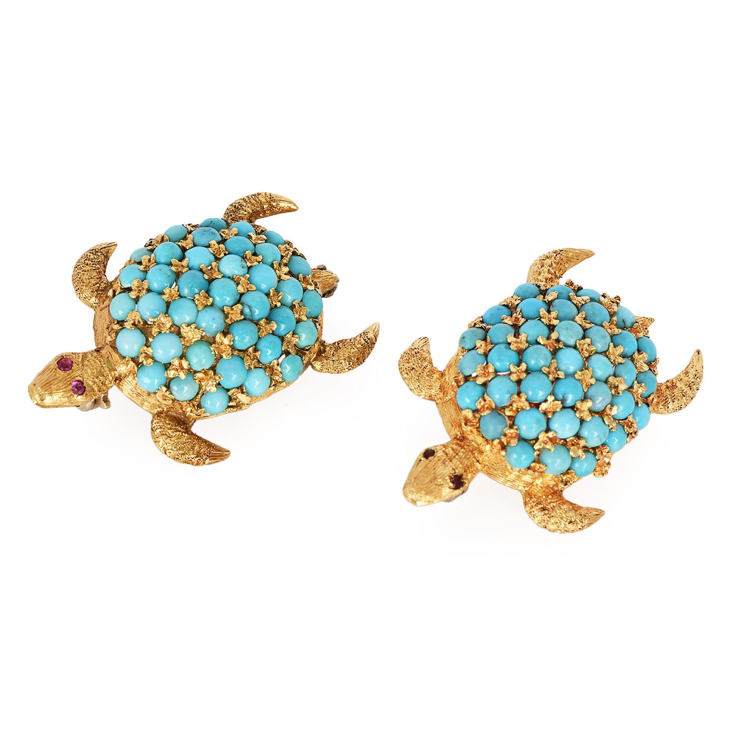 Vintage Zwei Schildkröten Persisch Türkis Rubin 18K Gelb  Gold-Broschen-Nadeln im Angebot