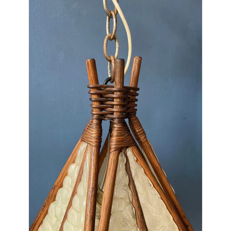 European Vintage Uchiwa Style Fan Rotan Bamboo Pendant by Ingo Maurer, Mid-Century