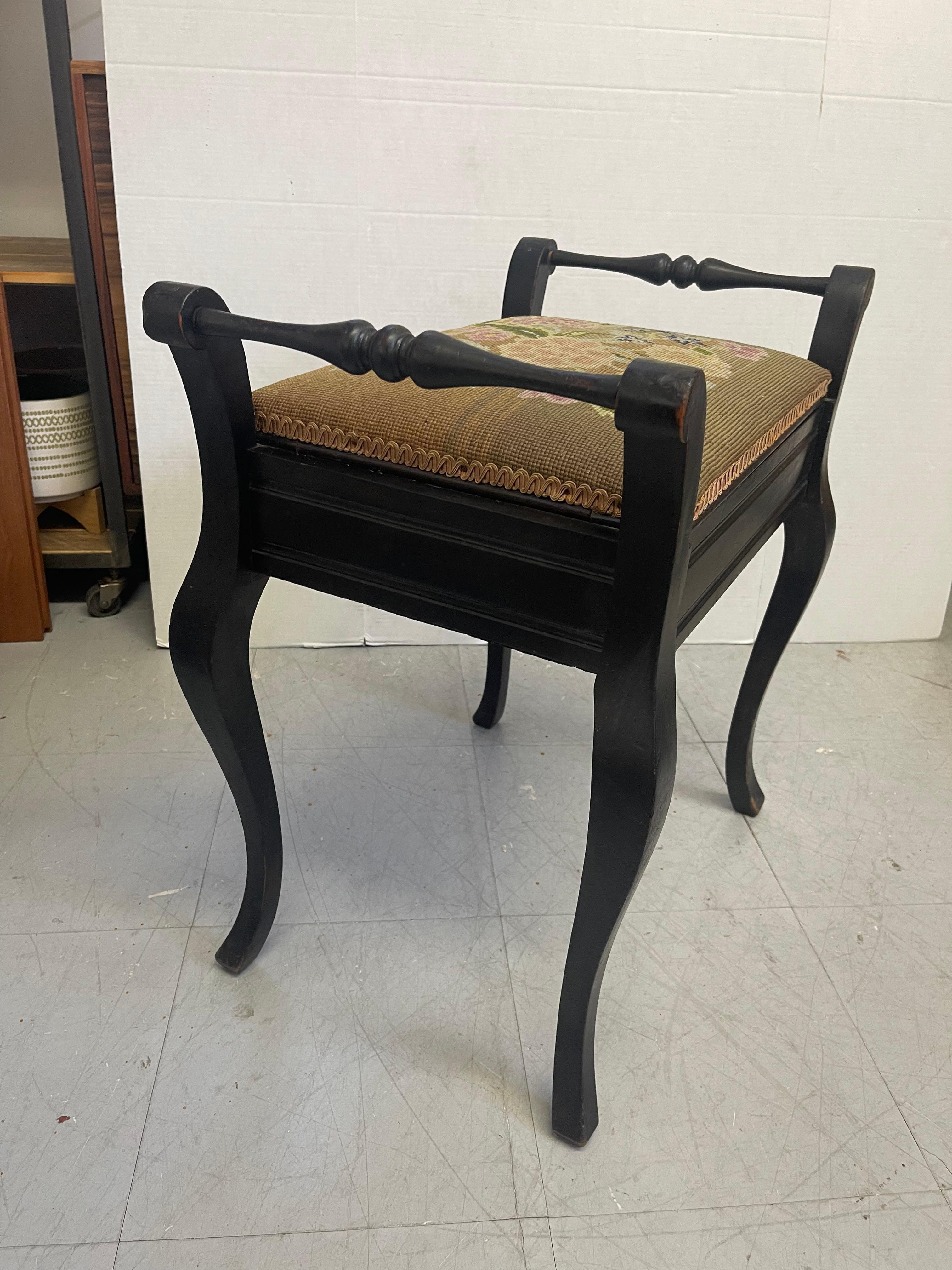 Vintage UK Imported Black Toned Wood Needlepoint Stool Upholstered Accent Bench For Sale 5
