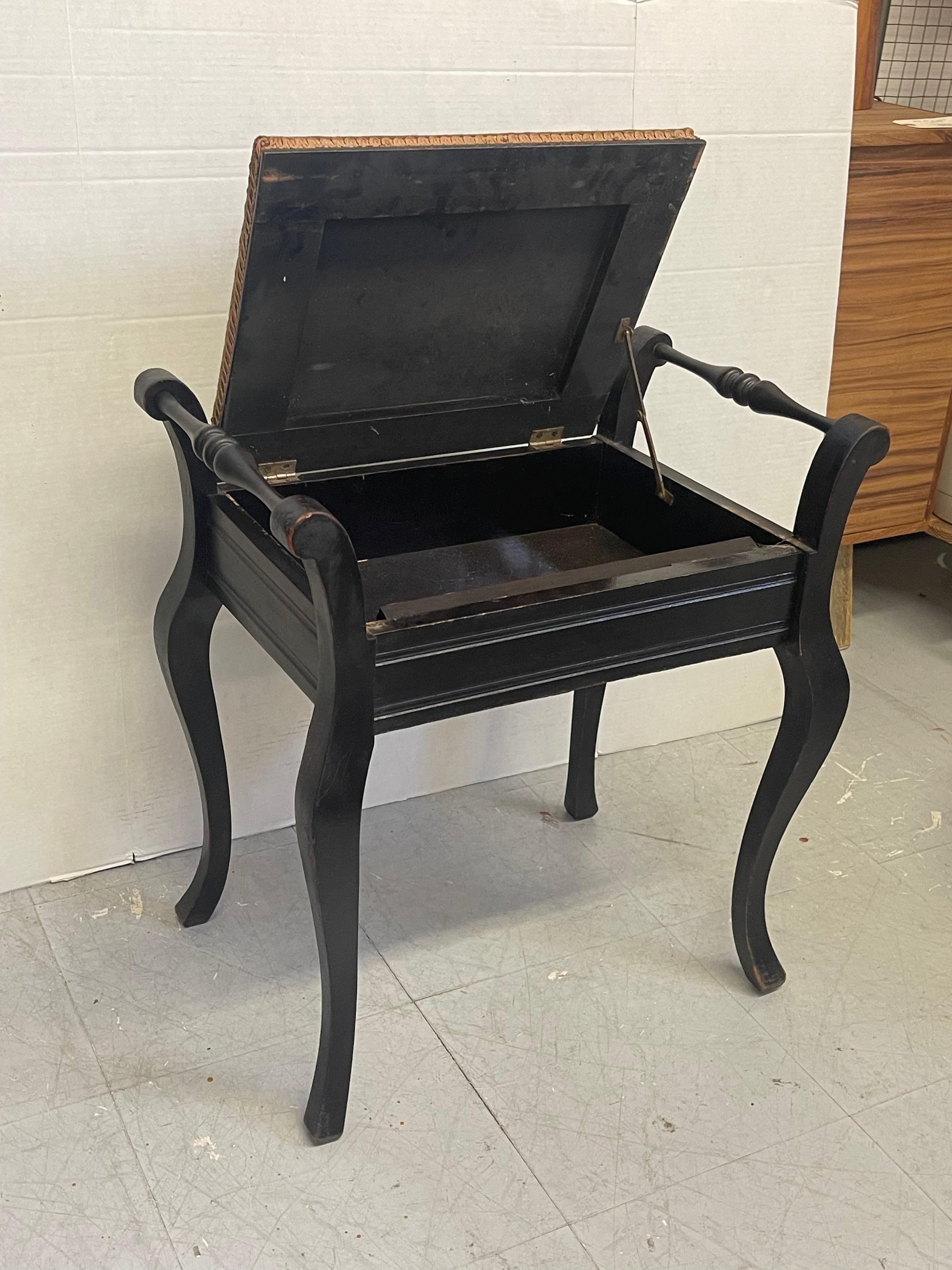 Vintage UK Imported Black Toned Wood Needlepoint Stool Upholstered Accent Bench For Sale 6