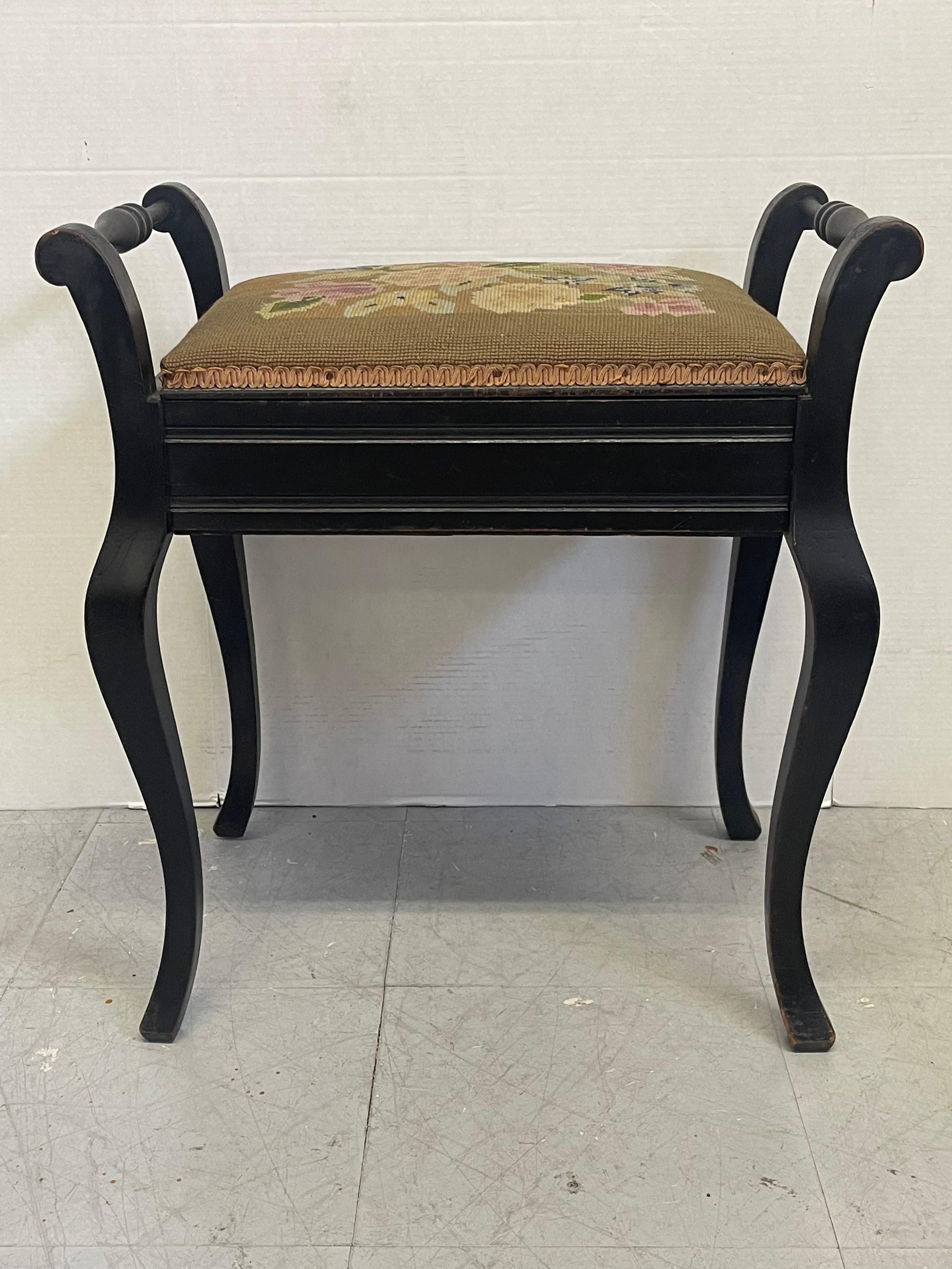 Mid-Century Modern Vintage UK Imported Black Toned Wood Needlepoint Stool Upholstered Accent Bench For Sale