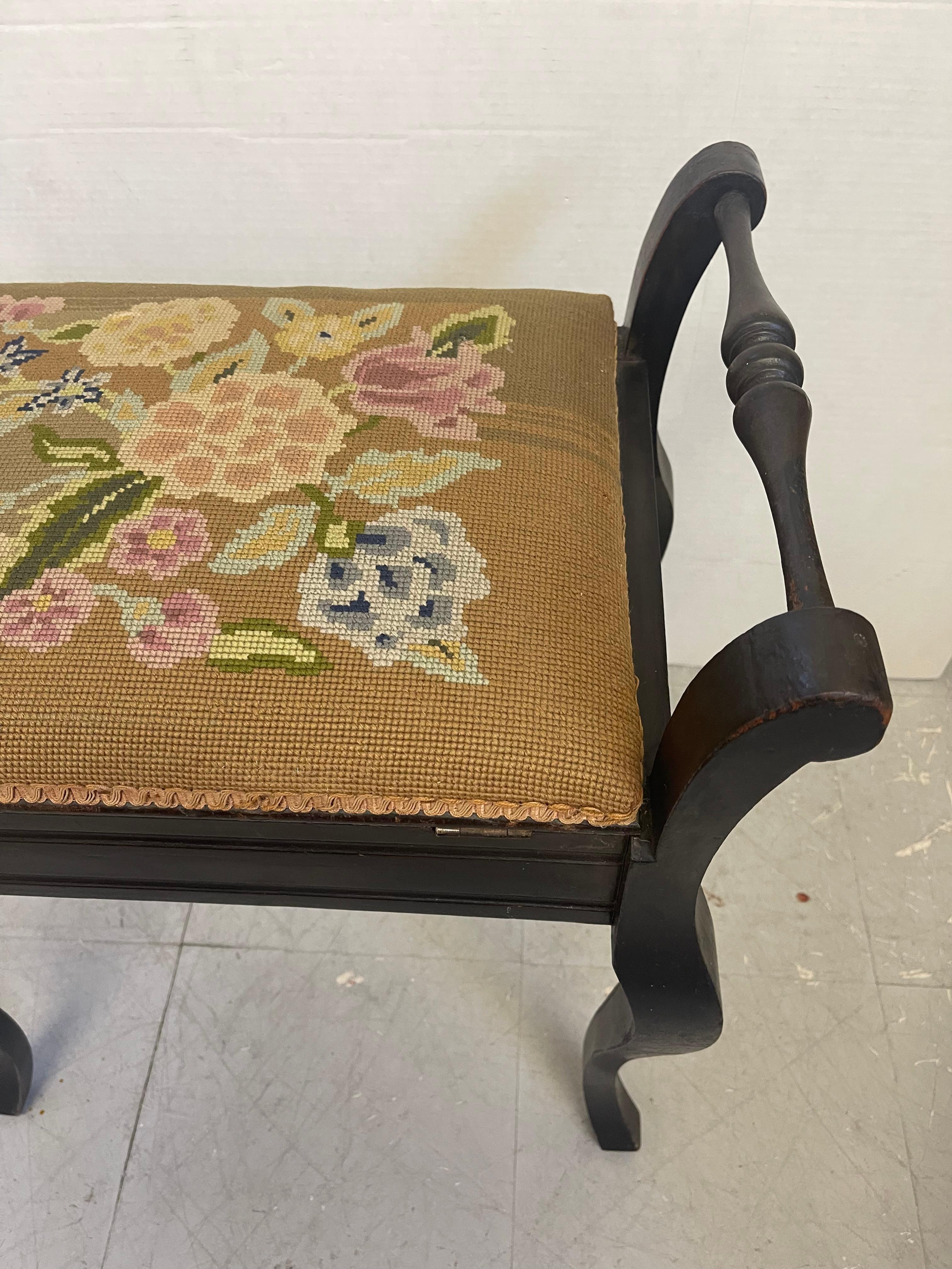 Late 20th Century Vintage UK Imported Black Toned Wood Needlepoint Stool Upholstered Accent Bench For Sale