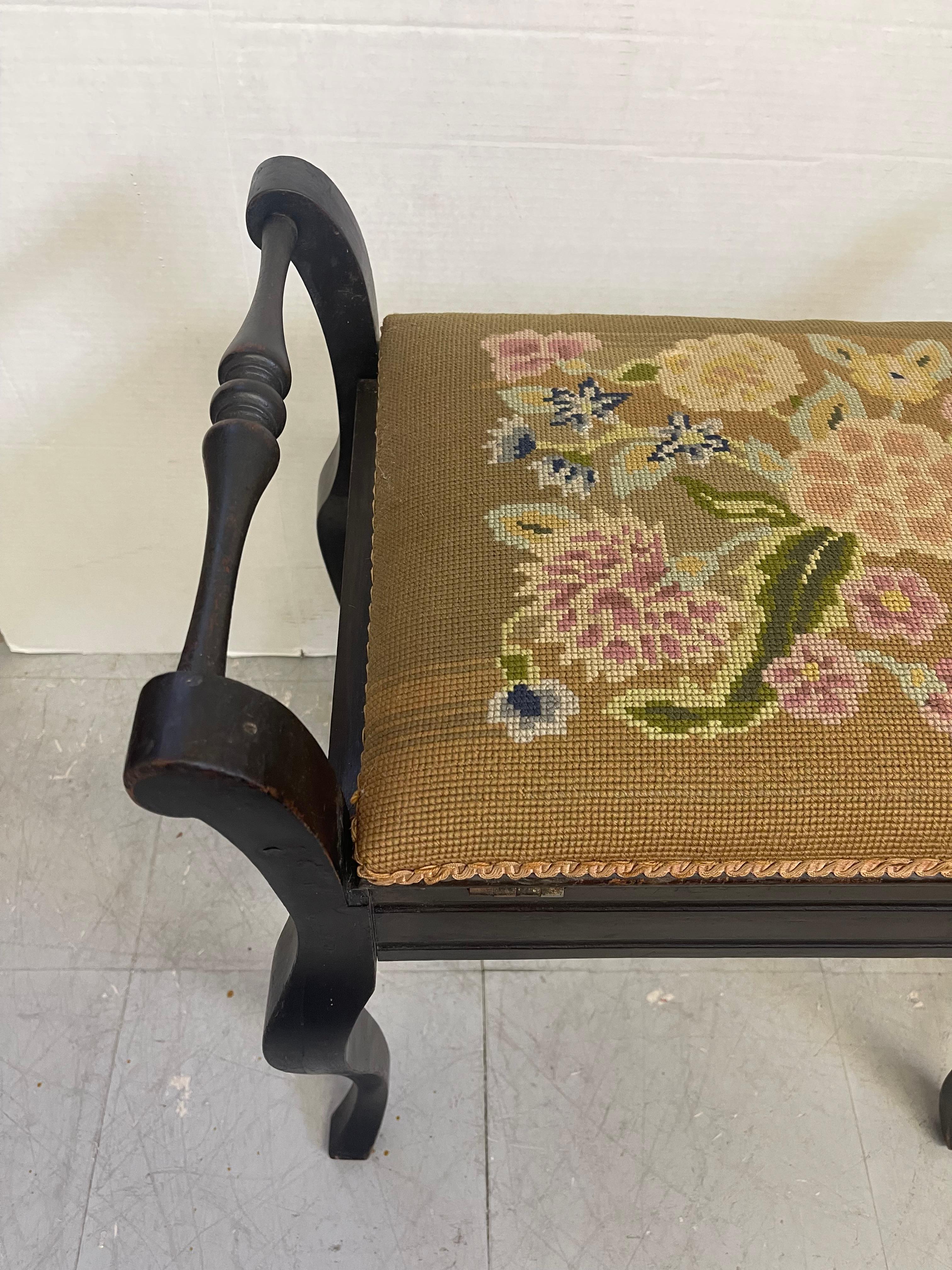Vintage UK Imported Black Toned Wood Needlepoint Stool Upholstered Accent Bench For Sale 1