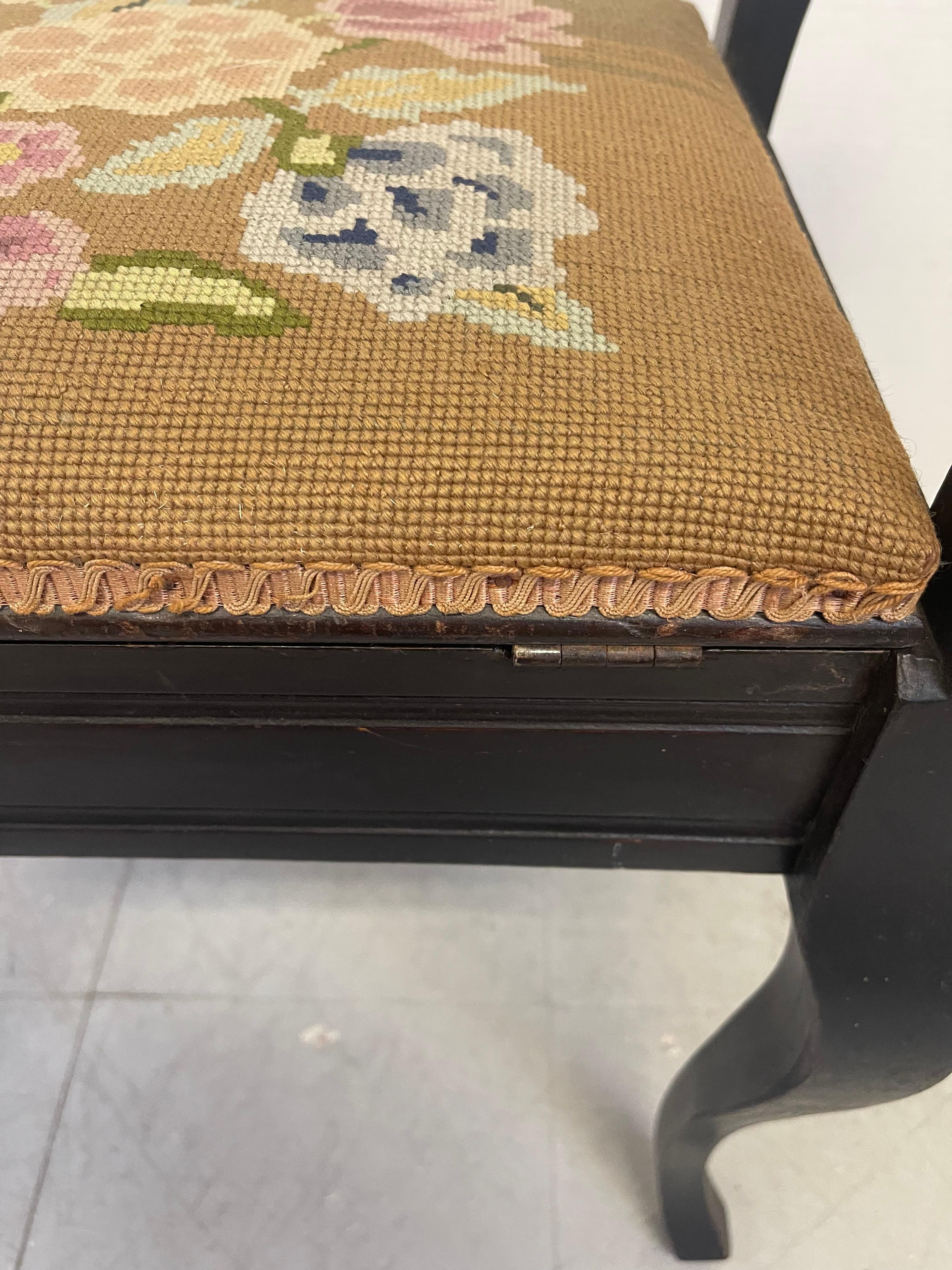Vintage UK Imported Black Toned Wood Needlepoint Stool Upholstered Accent Bench For Sale 2