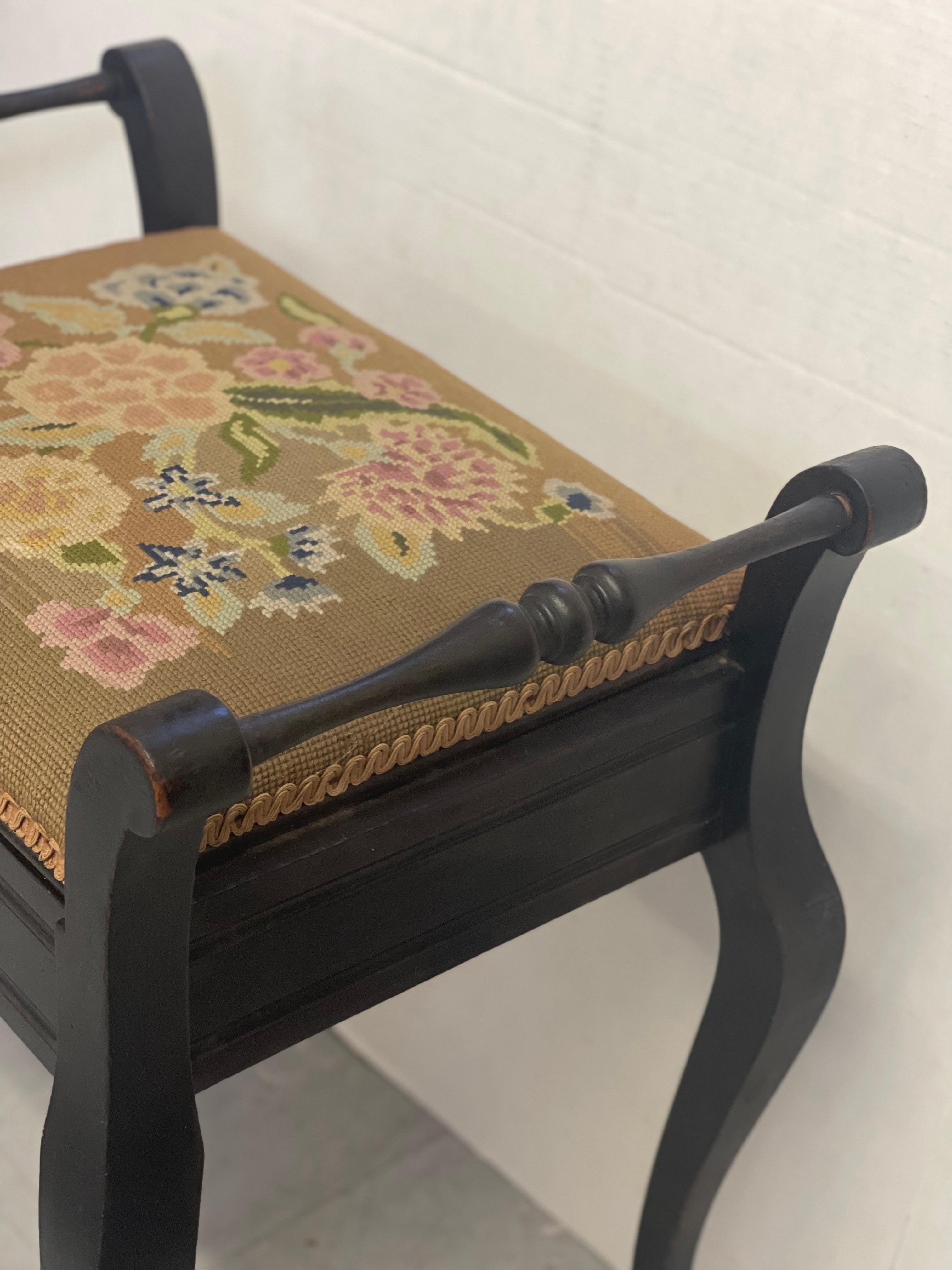 Vintage UK Imported Black Toned Wood Needlepoint Stool Upholstered Accent Bench For Sale 3